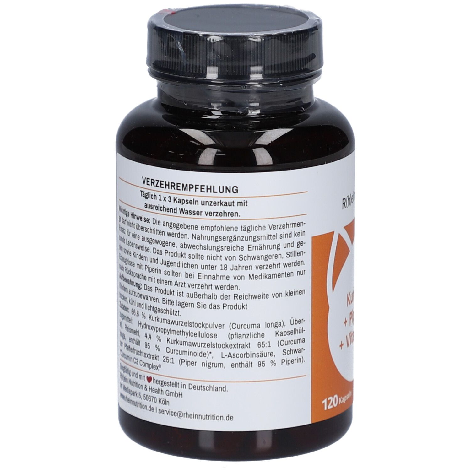 Rückseite einer Flasche mit braunen Kapseln. Text: Verzehrempfehlung, Inhaltsstoffe. Marke: R(h)ein Nutrition. 120 Kapseln.