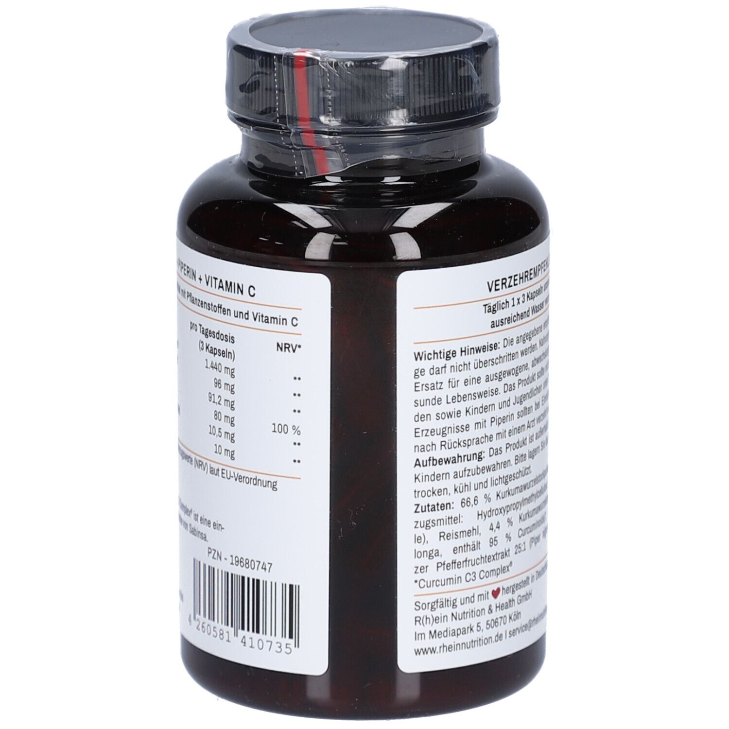 Rückseite einer Flasche mit braunen Kapseln. Text: Nährwertangaben, Inhaltsstoffe. Marke: R(h)ein Nutrition. 120 Kapseln.