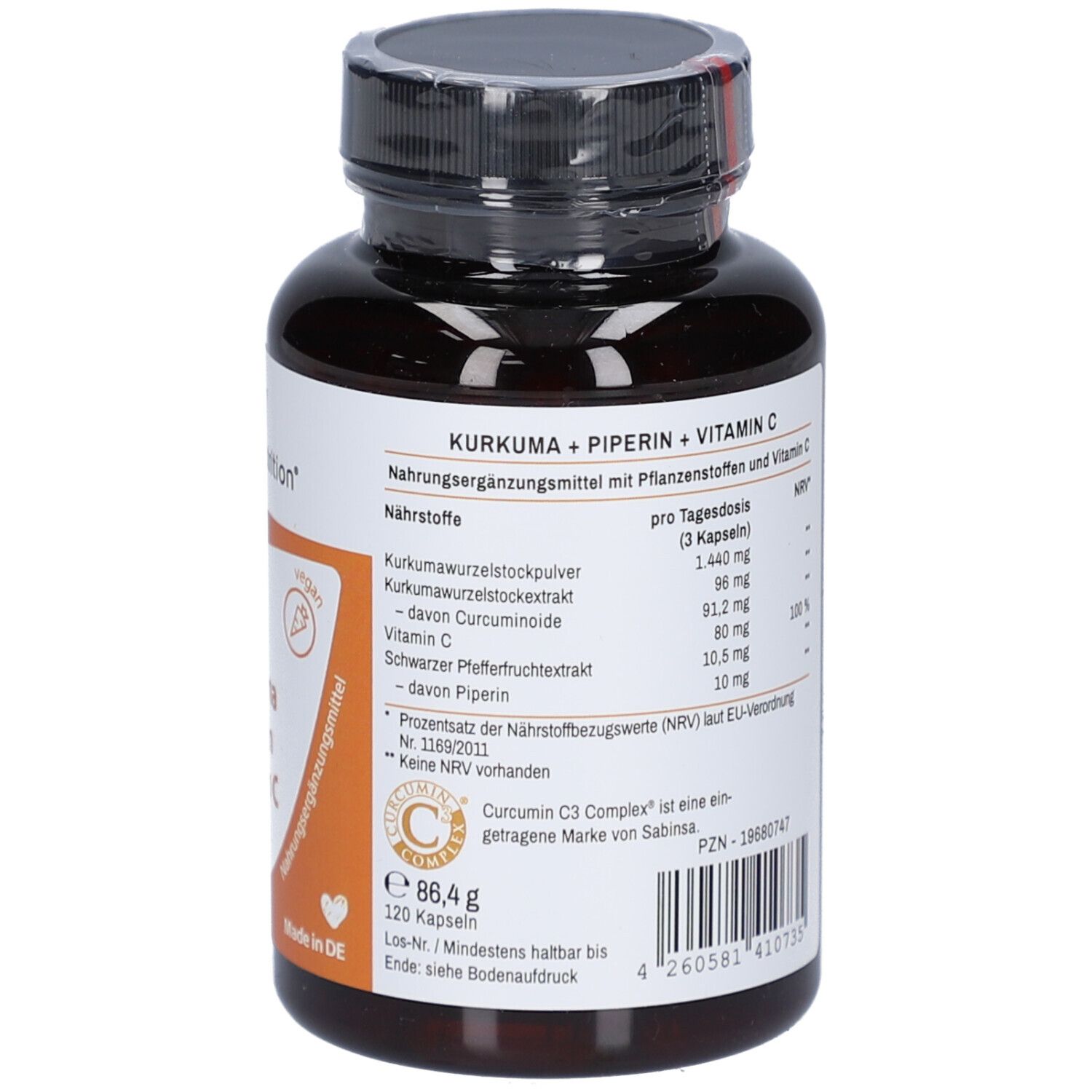 Rückseite einer Flasche mit braunen Kapseln. Text: Nährwertangaben, Inhaltsstoffe. Marke: R(h)ein Nutrition. 120 Kapseln.