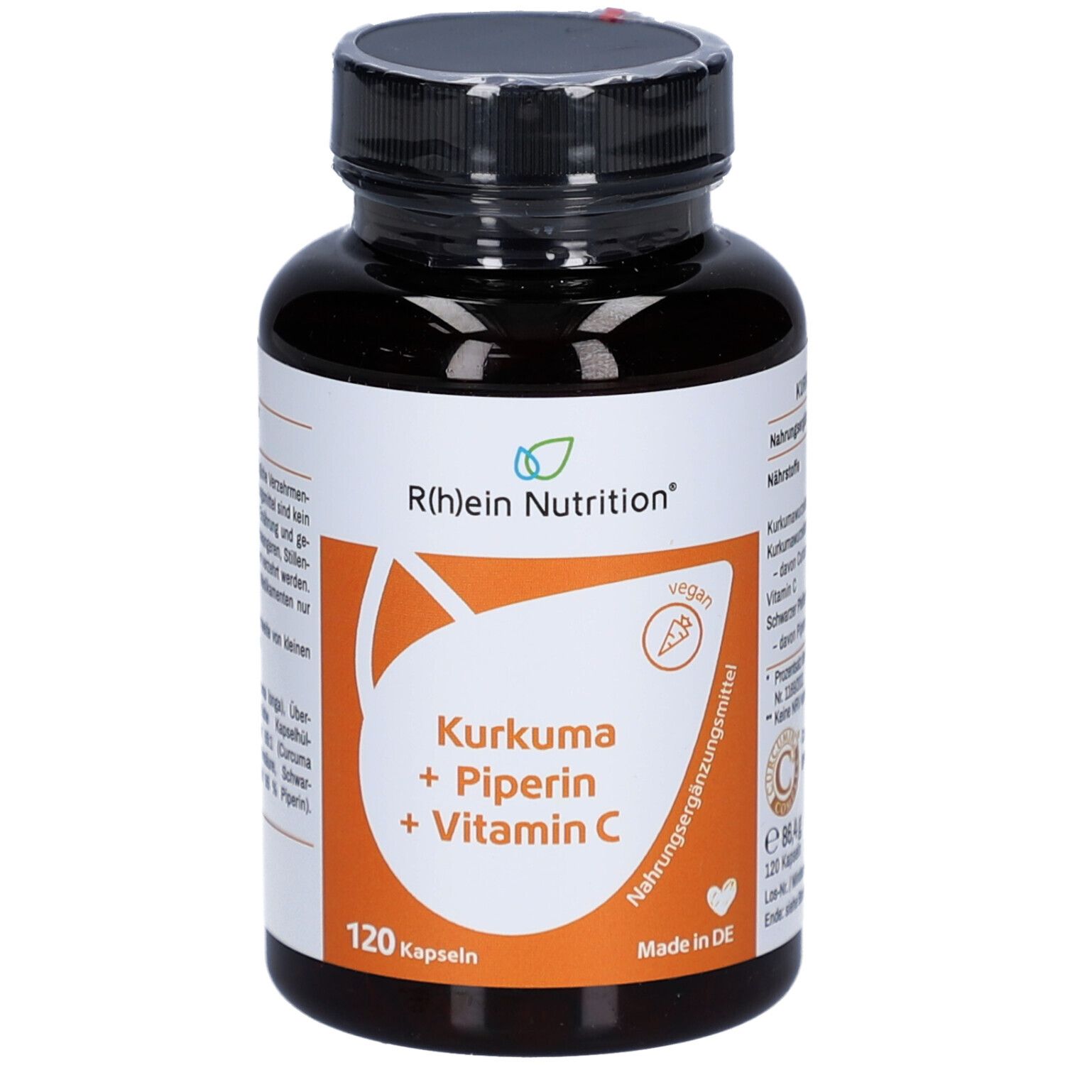 Braune Kapseln in einer Flasche mit schwarzem Deckel. Aufschrift: Kurkuma + Piperin + Vitamin C. Marke: R(h)ein Nutrition. Vegan.