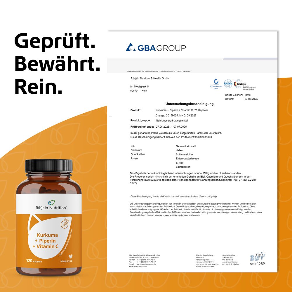 Zertifizierungsdokument. GBA Group. R(h)ein Nutrition. Kurkuma + Piperin + Vitamin C. Geprüft. Bewährt. Rein.