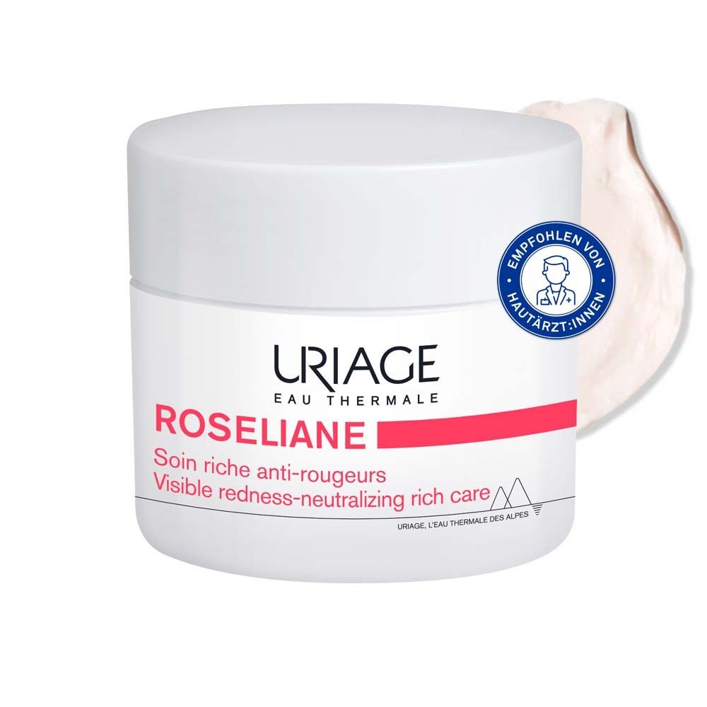 Uriage Roséliane Creme. Weiße Dose mit Deckel. Aufkleber mit Produktnamen und Logo. Empfohlen von Hautärzten.