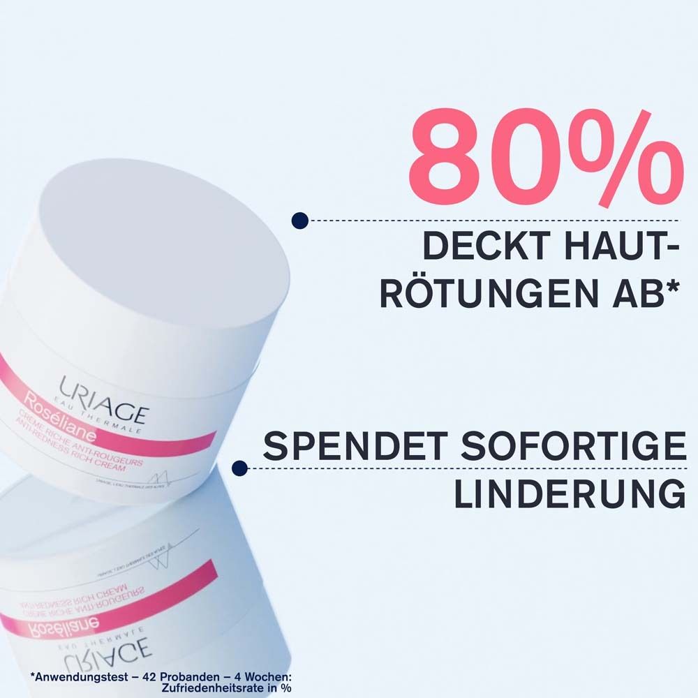 Zwei Uriage Roséliane Cremes. Text: 80% deckt Hautrötungen ab. Spendet sofortige Linderung. Produktnamen und Logo.