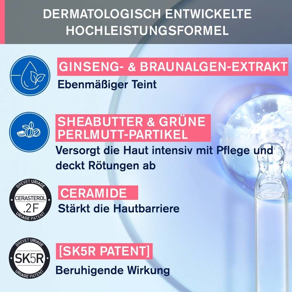 Grafik mit Inhaltsstoffen: Ginseng-, Braunalgen-Extrakt, Sheabutter, Ceramide, SK5R Patent. Produktnamen und Logo.