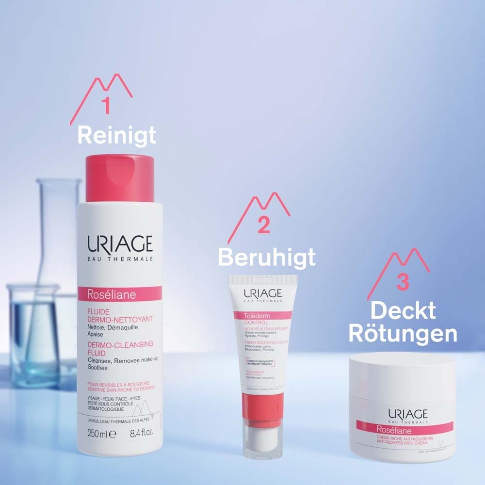 Drei Uriage Roséliane Produkte. Reinigt, beruhigt, deckt Rötungen ab. Produktnamen und Logo. Verschiedene Verpackungen.