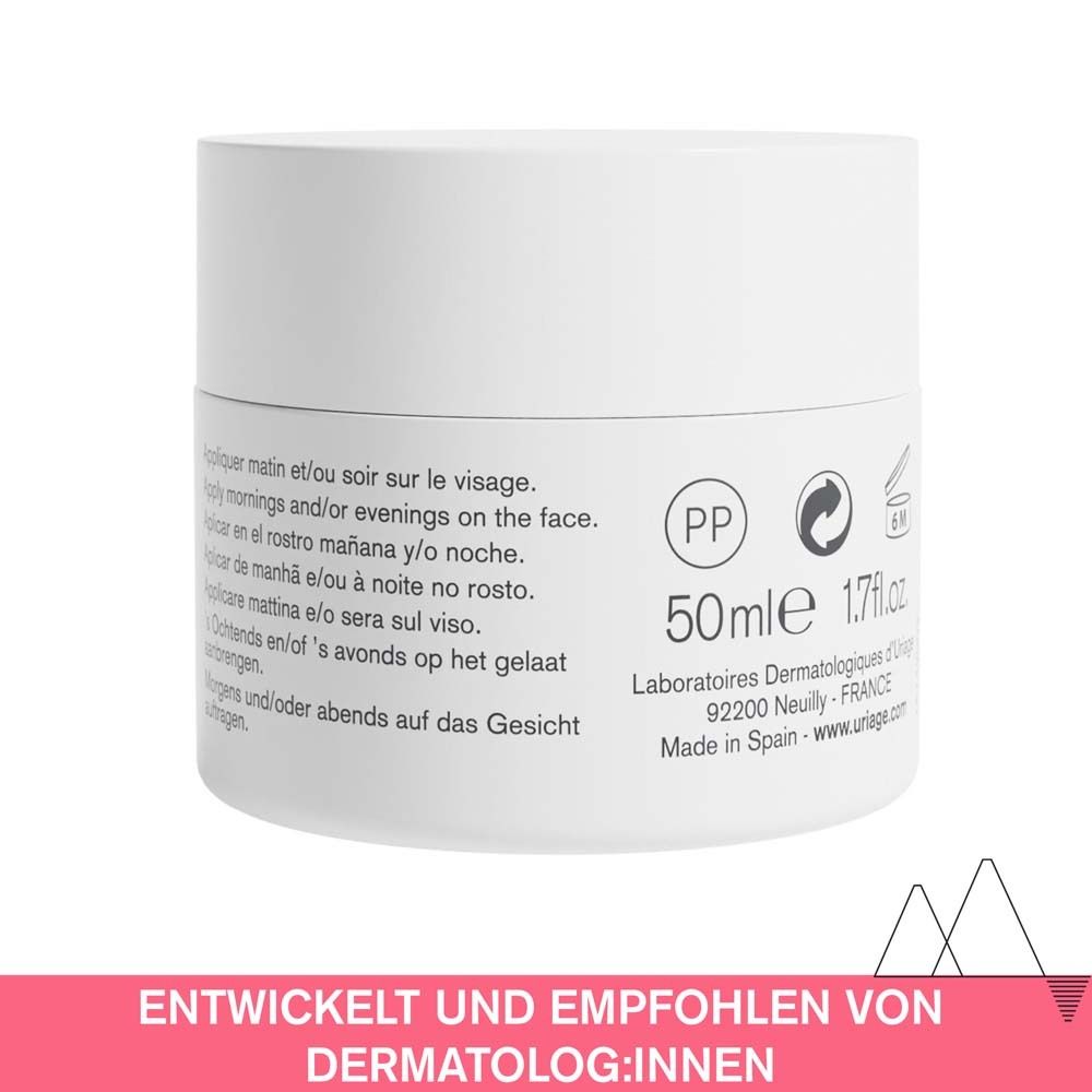 Rückseite einer Uriage Roséliane Creme. Text: Entwickelt und empfohlen von Dermatologen. 50ml. Produktnamen und Logo.