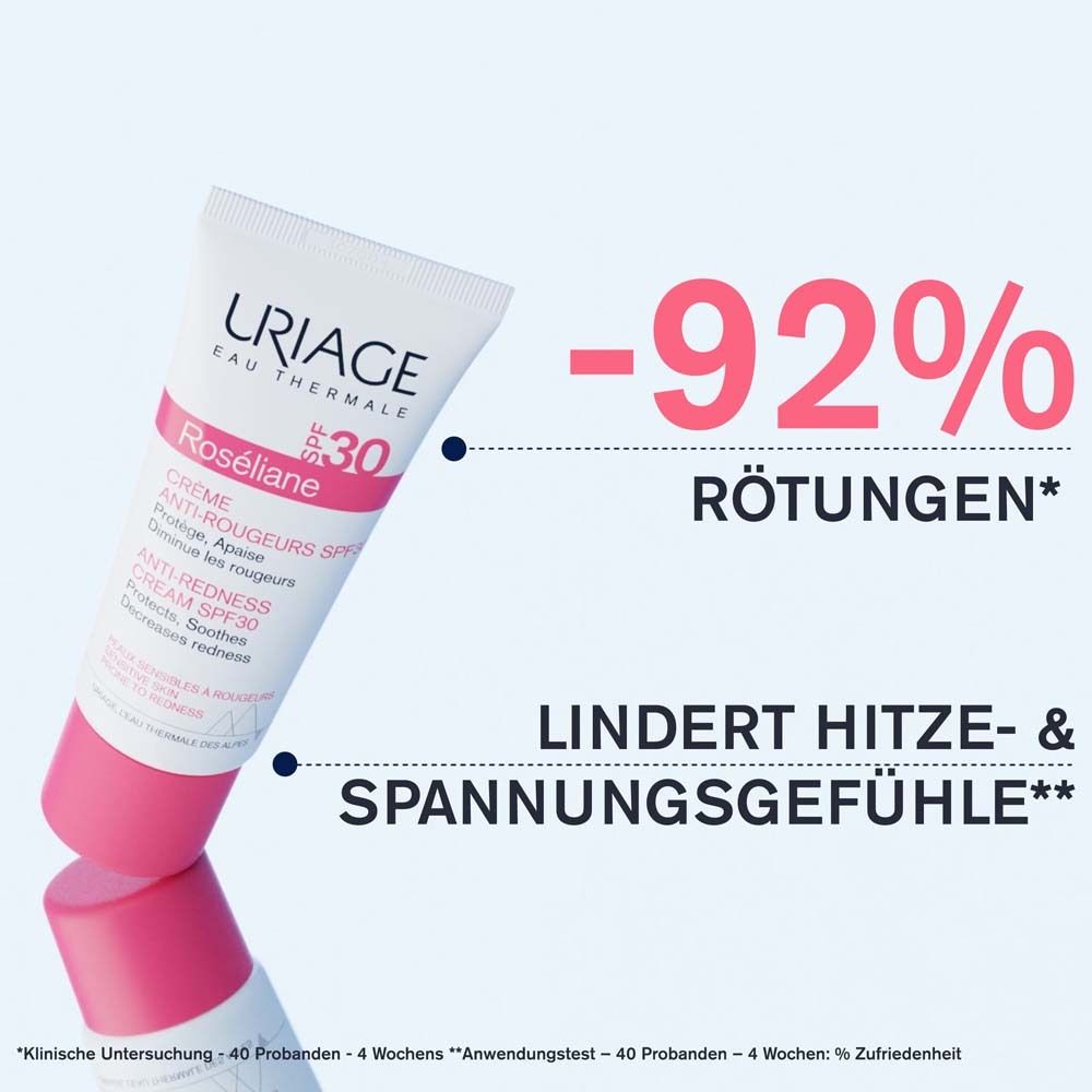 Weiße Tube mit rotem Verschluss. Text: URIAGE, Roseliane, SPF30. -92% Rötungen. Lindert Hitze- & Spannungsgefühle.