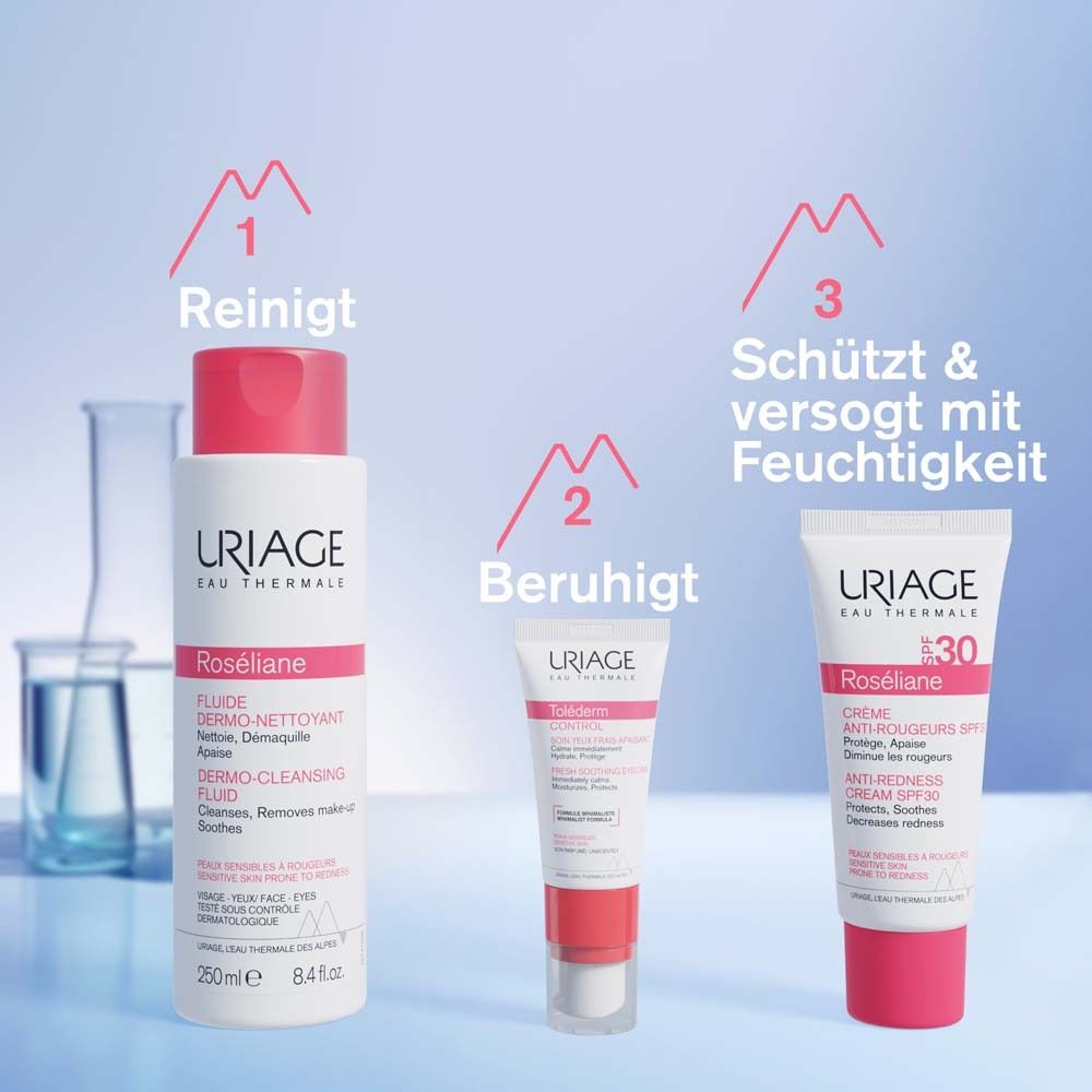 Drei Produkte. 1. Reinigt. 2. Beruhigt. 3. Schützt & versorgt mit Feuchtigkeit. URIAGE, Roseliane.