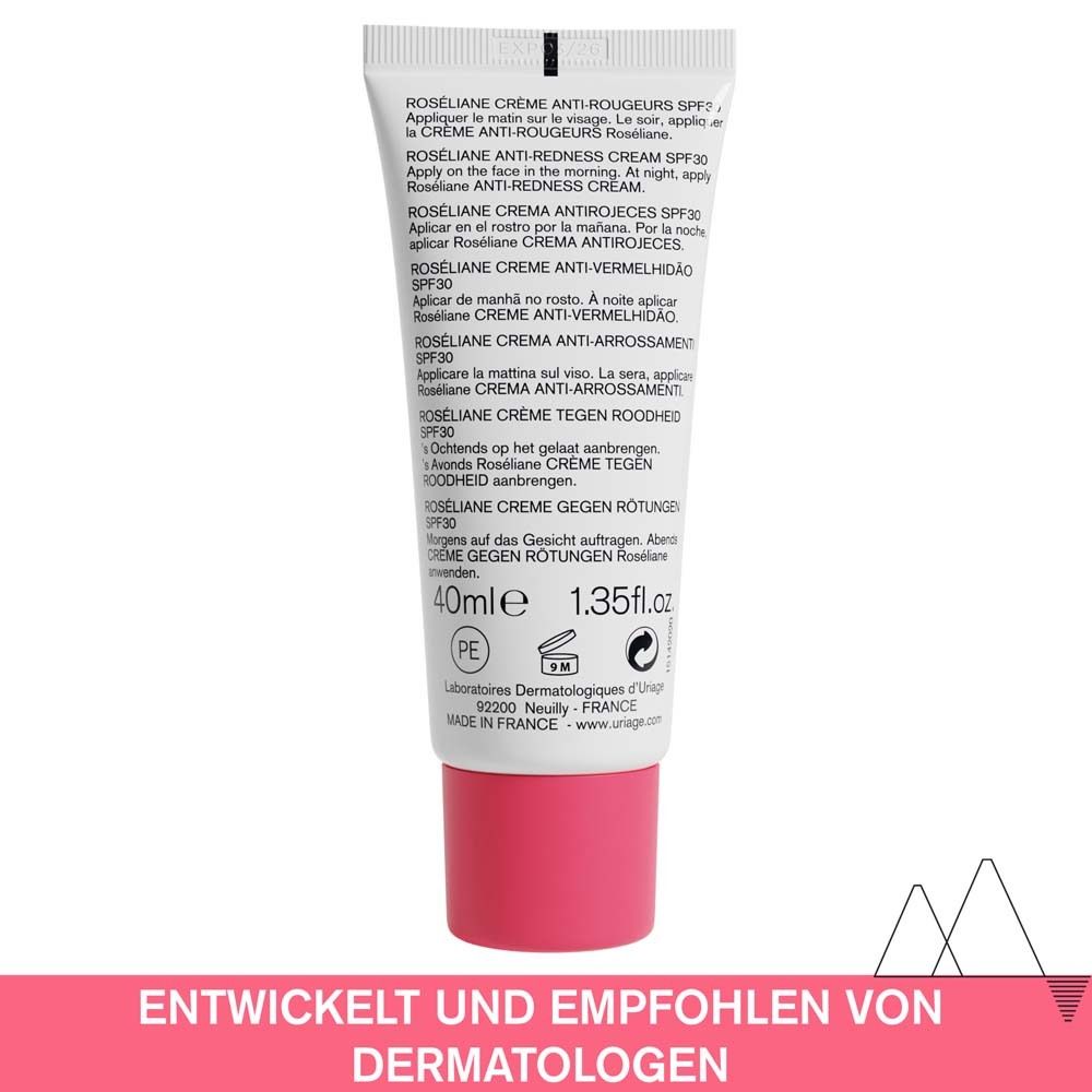 Rückseite der Tube. Text: Roseliane Creme gegen Rötungen SPF30. 40ml.