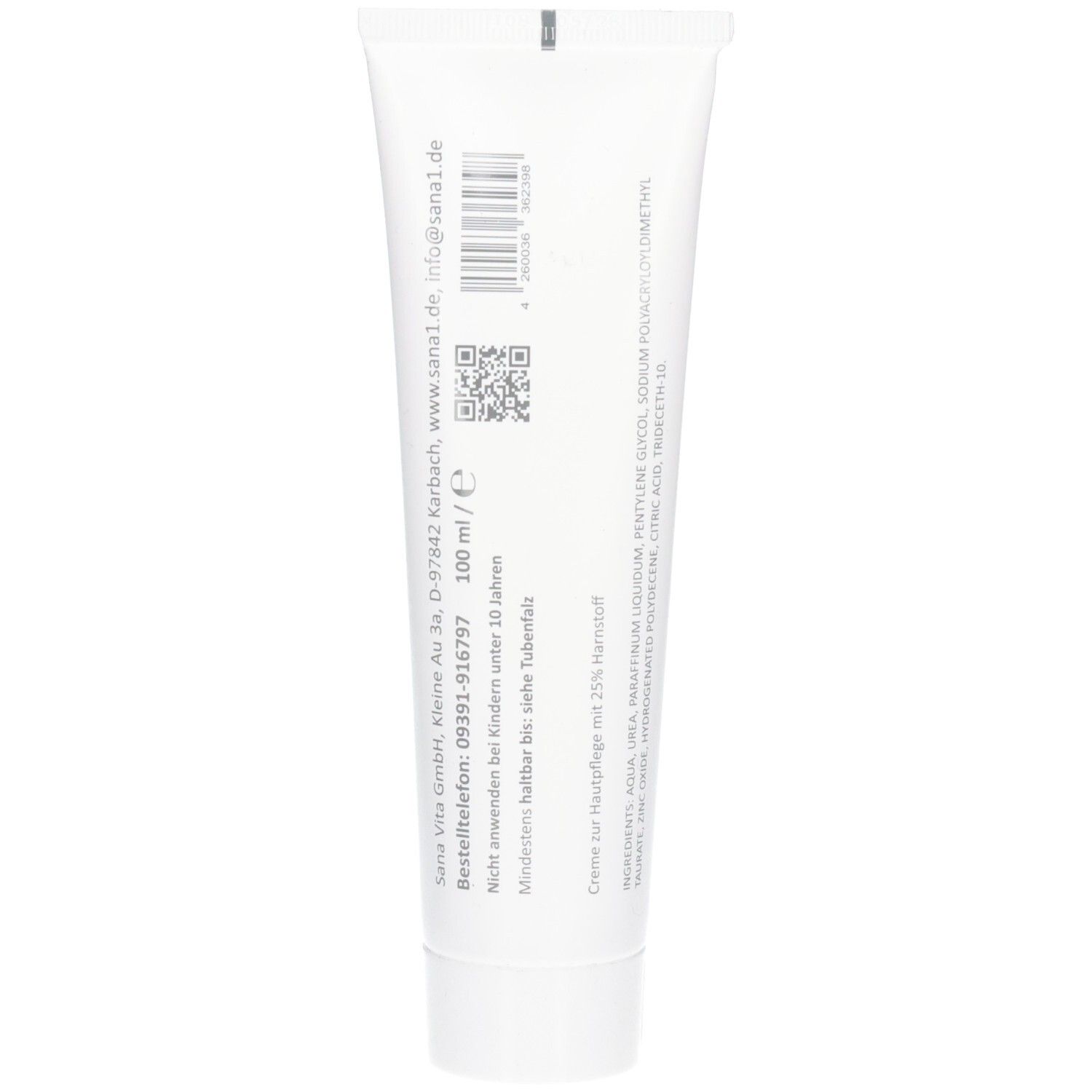 Rückseite einer weißen Tube mit Produktinformationen und Barcode.