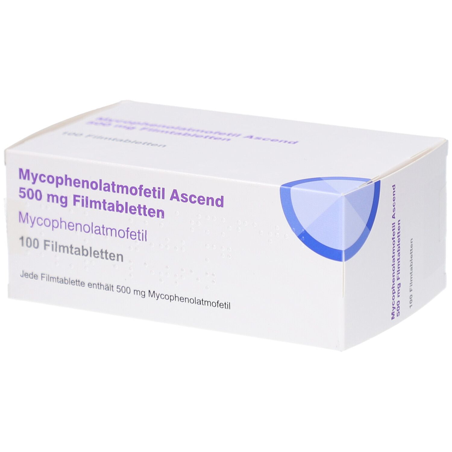 Schachtel mit Aufschrift Mycophenolatmofetil Ascend 500 mg Filmtabletten. 100 Filmtabletten. Weiße Verpackung mit blauem Akzent.