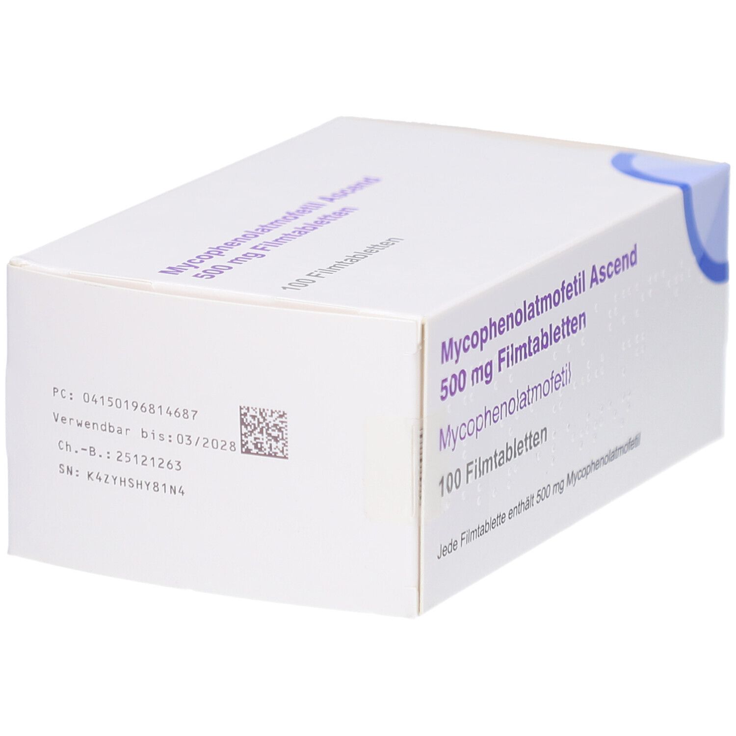 Schachtel mit Aufschrift Mycophenolatmofetil Ascend 500 mg Filmtabletten. 100 Filmtabletten. Weiße Verpackung mit Text und QR-Code.