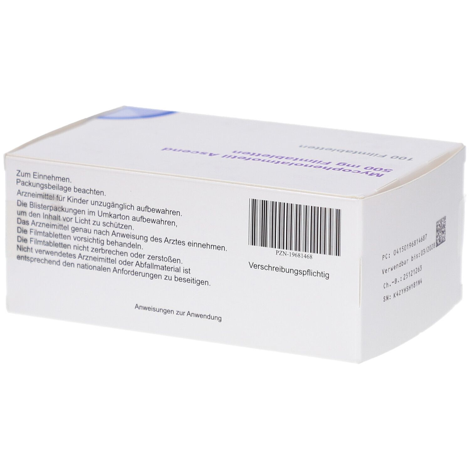 Rückseite der Schachtel mit Text. Enthält Informationen zu Anwendung und Inhaltsstoffen. Weiße Verpackung mit Barcode.