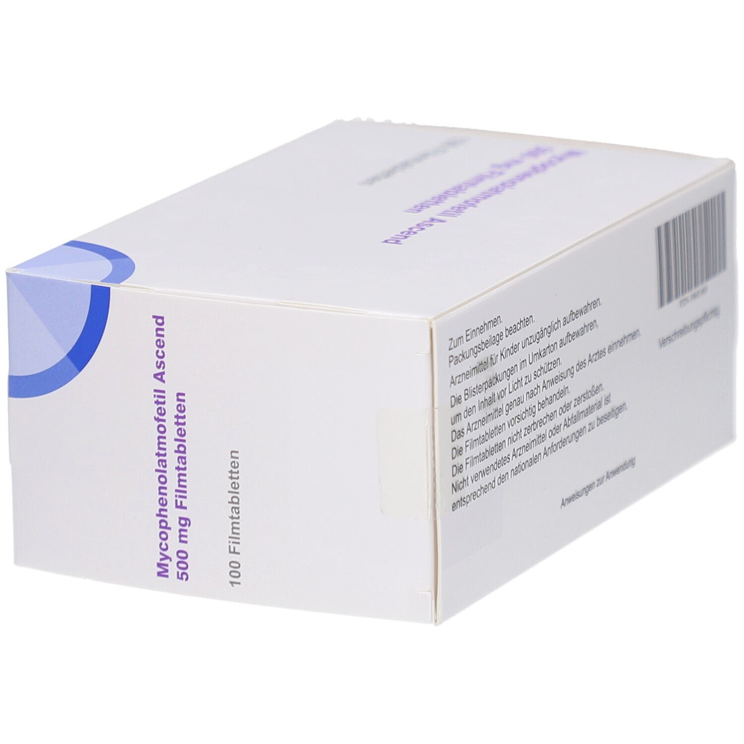 Schachtel mit Aufschrift Mycophenolatmofetil Ascend 500 mg Filmtabletten. 100 Filmtabletten. Weiße Verpackung mit blauem Akzent.