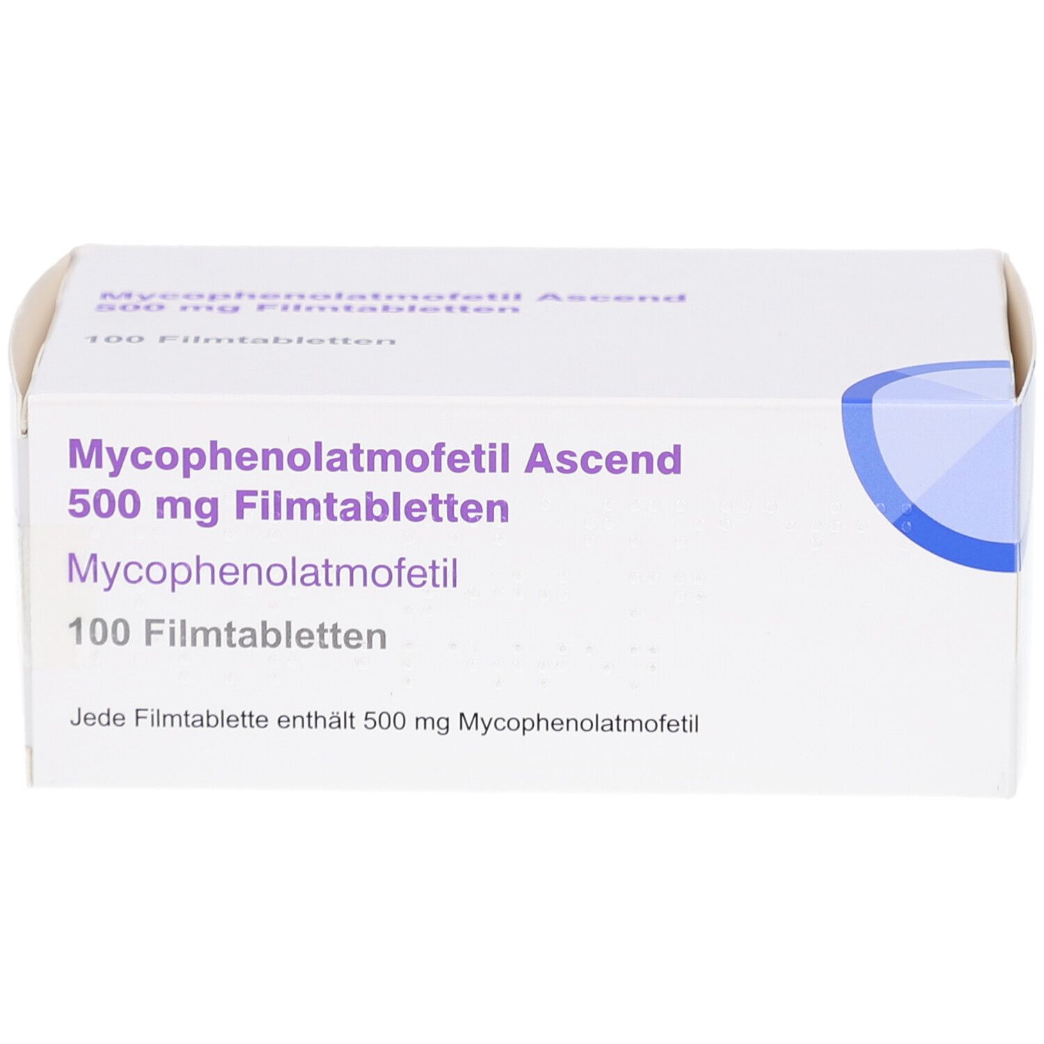 Schachtel mit Aufschrift Mycophenolatmofetil Ascend 500 mg Filmtabletten. 100 Filmtabletten. Weiße Verpackung mit blauem Akzent.