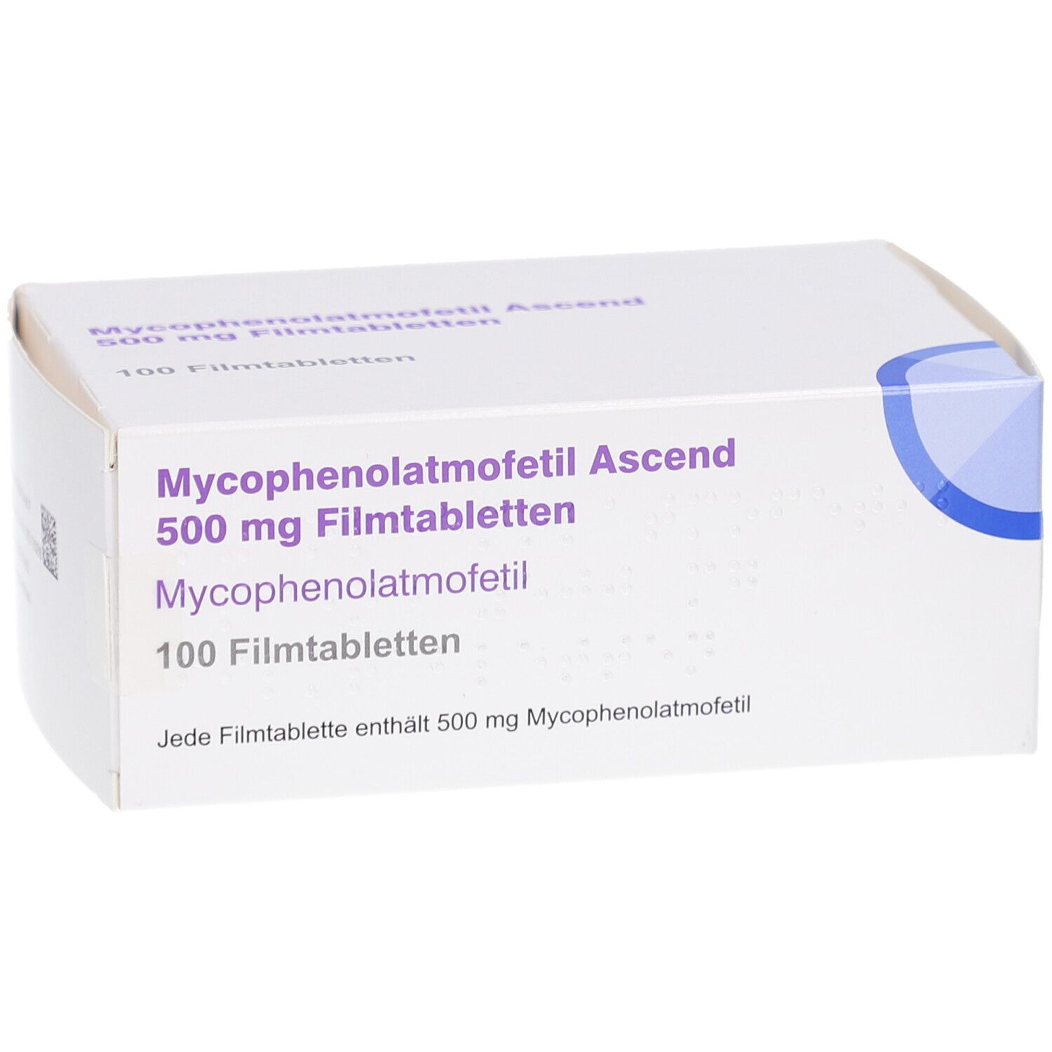 Schachtel mit Aufschrift Mycophenolatmofetil Ascend 500 mg Filmtabletten. 100 Filmtabletten. Weiße Verpackung mit blauem Akzent.