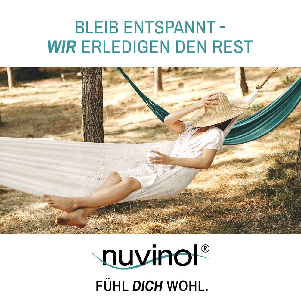 Frau in Hängematte. Text: "Bleib entspannt - wir erledigen den Rest". "nuvinol" Logo.