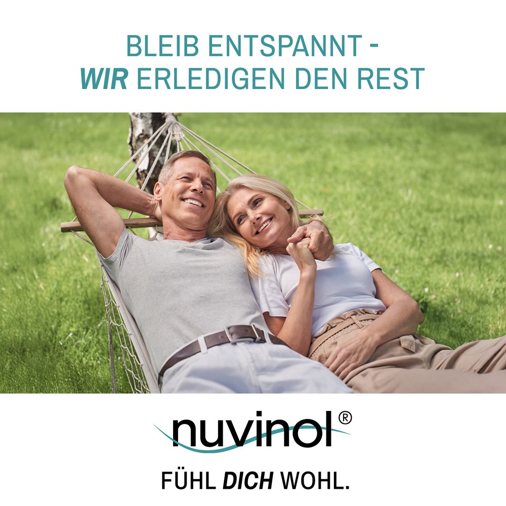 Paar in Hängematte. Text: Bleib entspannt - wir erledigen den Rest. Produktlogo: nuvinol. Fühl dich wohl.