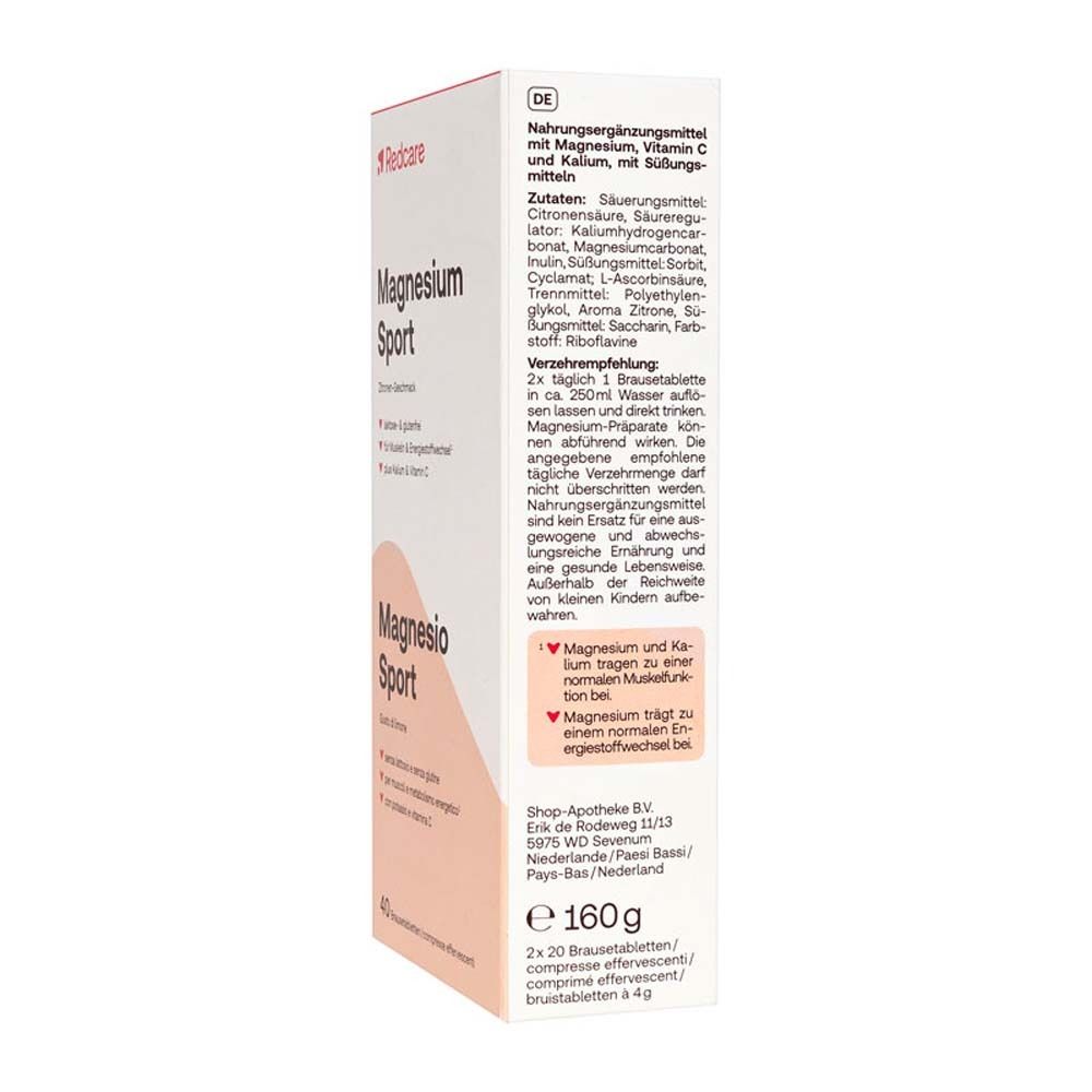 Rückseite der Packung Magnesium Sport Brausetabletten. Text in Deutsch. Inhaltsstoffe, Anwendungshinweise, Nährwertangaben.
