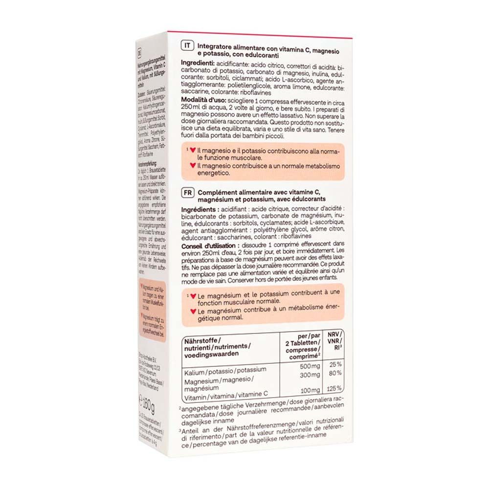 Rückseite der Packung Magnesium Sport Brausetabletten. Text in Italienisch. Inhaltsstoffe, Anwendungshinweise, Nährwertangaben.