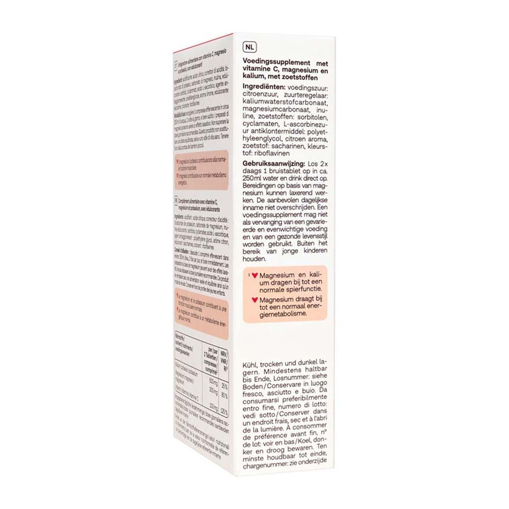 Rückseite der Packung Magnesium Sport Brausetabletten. Text in Niederländisch. Inhaltsstoffe, Anwendungshinweise, Nährwertangaben.