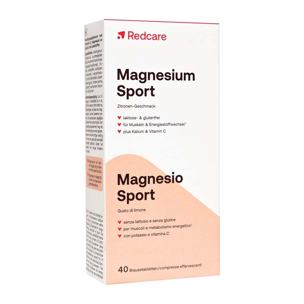 Packung Magnesium Sport Brausetabletten von Redcare. Aufschrift: Magnesium Sport, Zitronen-Geschmack. 40 Tabletten.