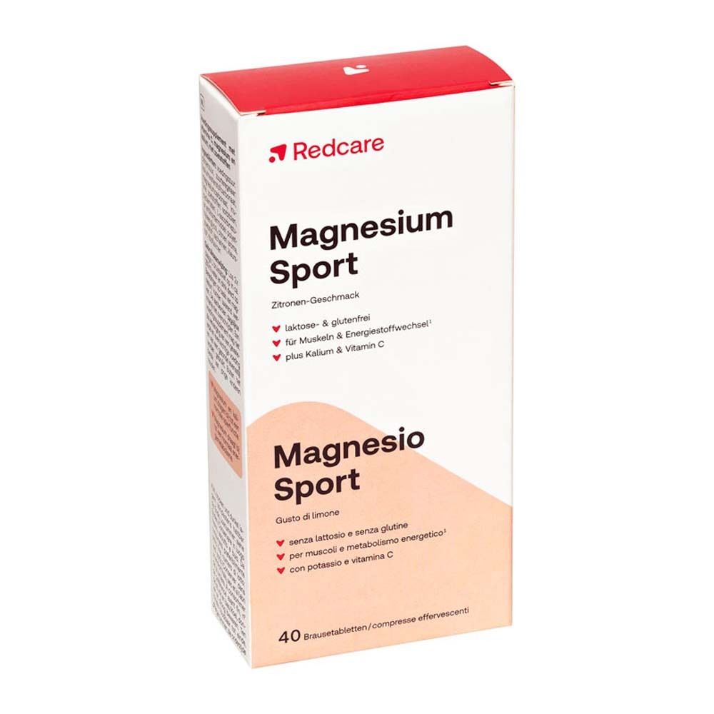 Packung Magnesium Sport Brausetabletten von Redcare. Aufschrift: Magnesium Sport, Zitronen-Geschmack. 40 Tabletten.