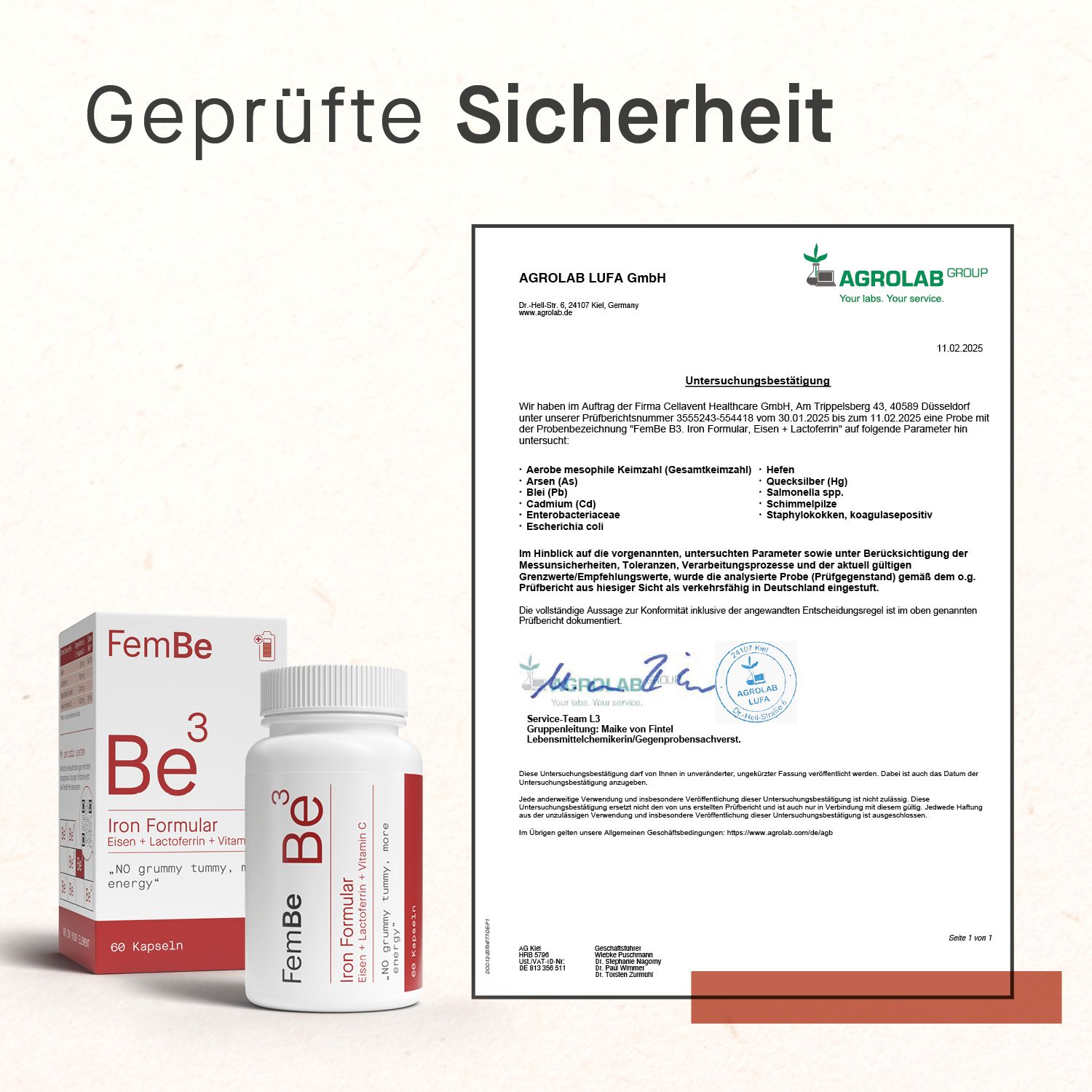 Zertifikat von Agrolab. Text: Geprüfte Sicherheit. Analyseergebnisse für FemBe Iron Formular. Unterschrift.