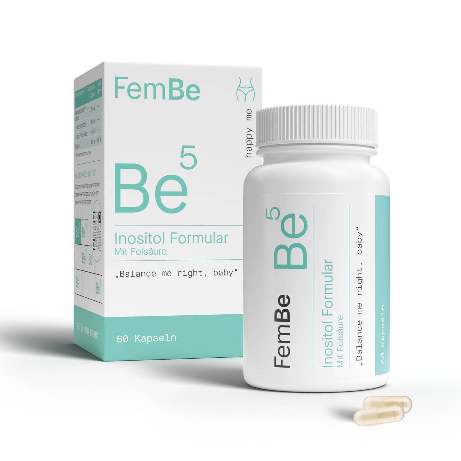 FemBe® 5 Inositol Formular mit Folsäure. Weiße Kapseln und Flasche mit Produktinformationen. Verpackung daneben.