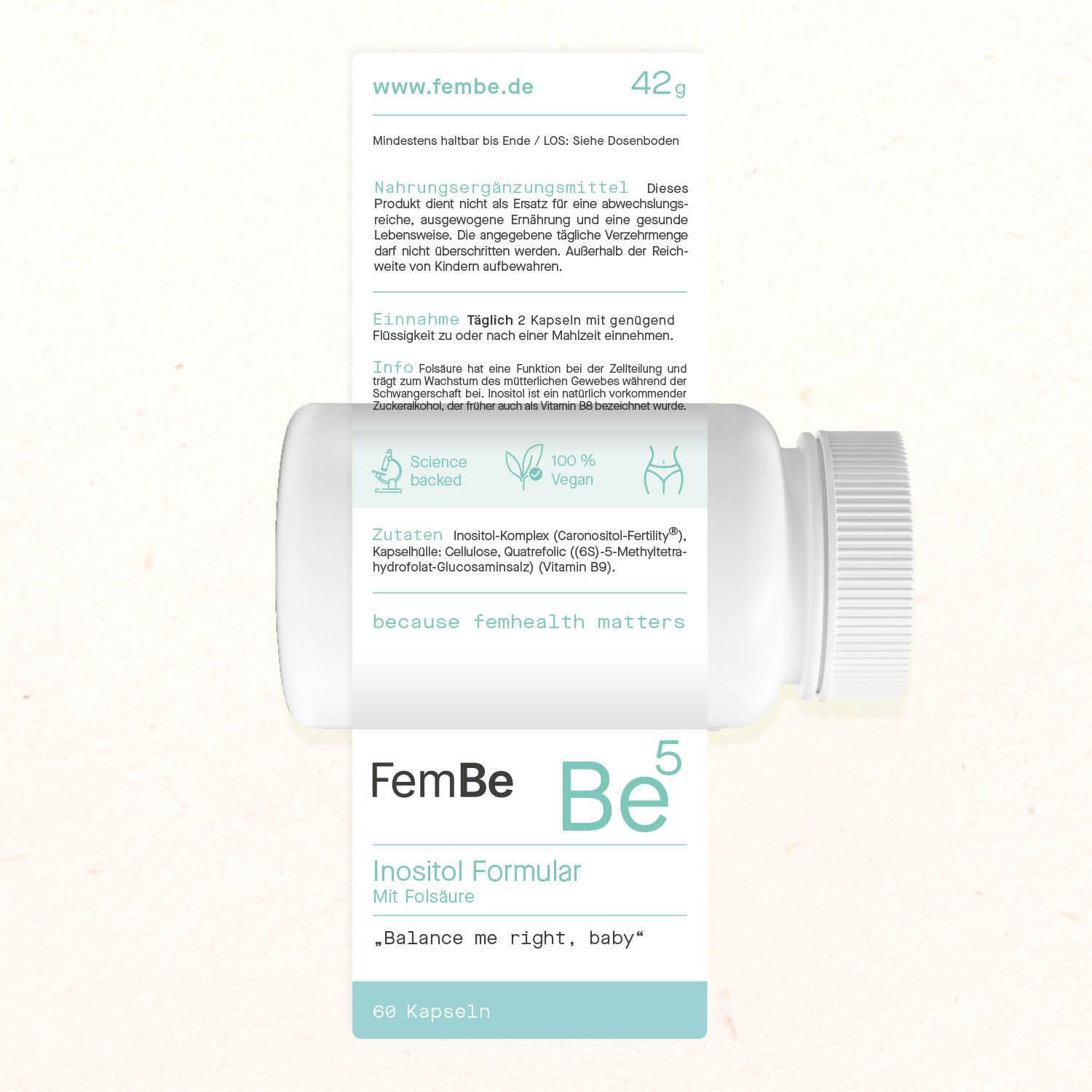 FemBe®-Flasche mit Produktinformationen. Text: Inhaltsstoffe, Anwendung, Nährwertangaben, vegan.