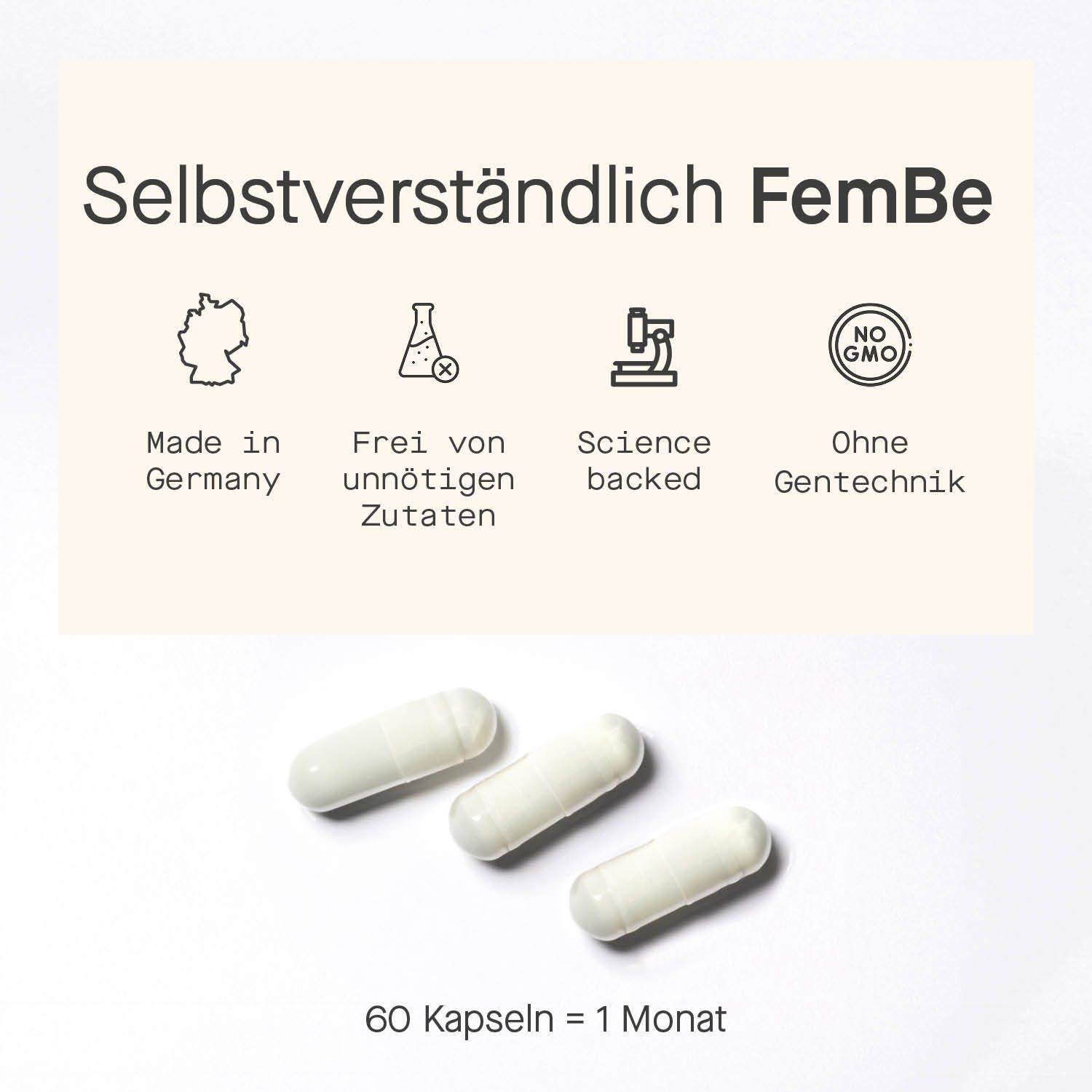Drei Kapseln neben Text: Made in Germany, ohne Gentechnik, vegan. 60 Kapseln = 1 Monat.