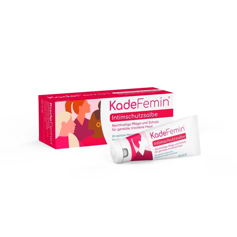 KadeFemin Intimschutzsalbe, Tube und Schachtel. Weiß, rot. Produktabbildung.