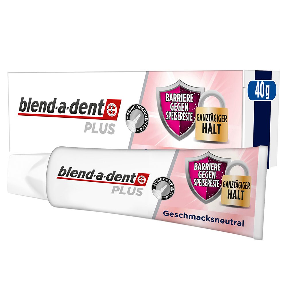 Zwei Tuben Haftcreme. Aufschrift: blend-a-dent PLUS. Verpackung mit 40g. Aufdruck: Barriere gegen Speisereste, ganztägiger Halt.
