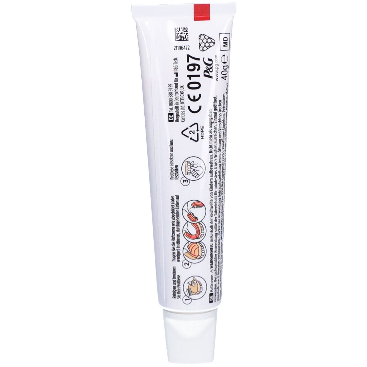 Rückseite einer Tube blend-a-dent PLUS. Enthält Informationen, Symbole und Text. 40g. CE-Kennzeichnung. Herstellerinformationen.