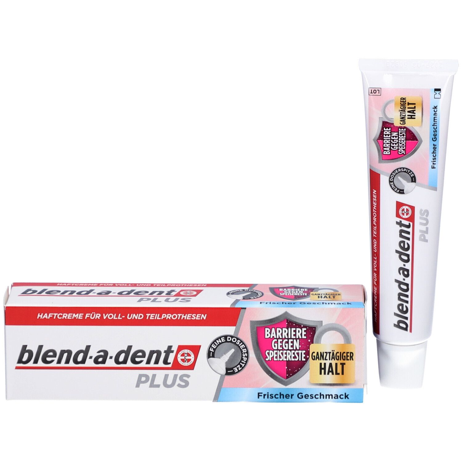 blend-a-dent PLUS Haftcreme-Tube und Schachtel. Schachtel mit Produktinformationen. Tube und Schachtel zeigen das Produkt und die Marke.