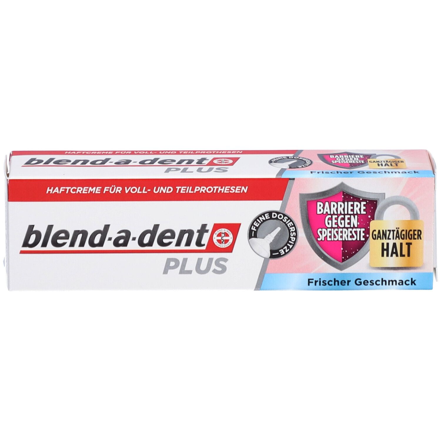 Schachtel blend-a-dent PLUS Haftcreme. Weiß, rot und blau. Text: Haftcreme für Voll- und Teilprothesen. Logo und Produktnamen.
