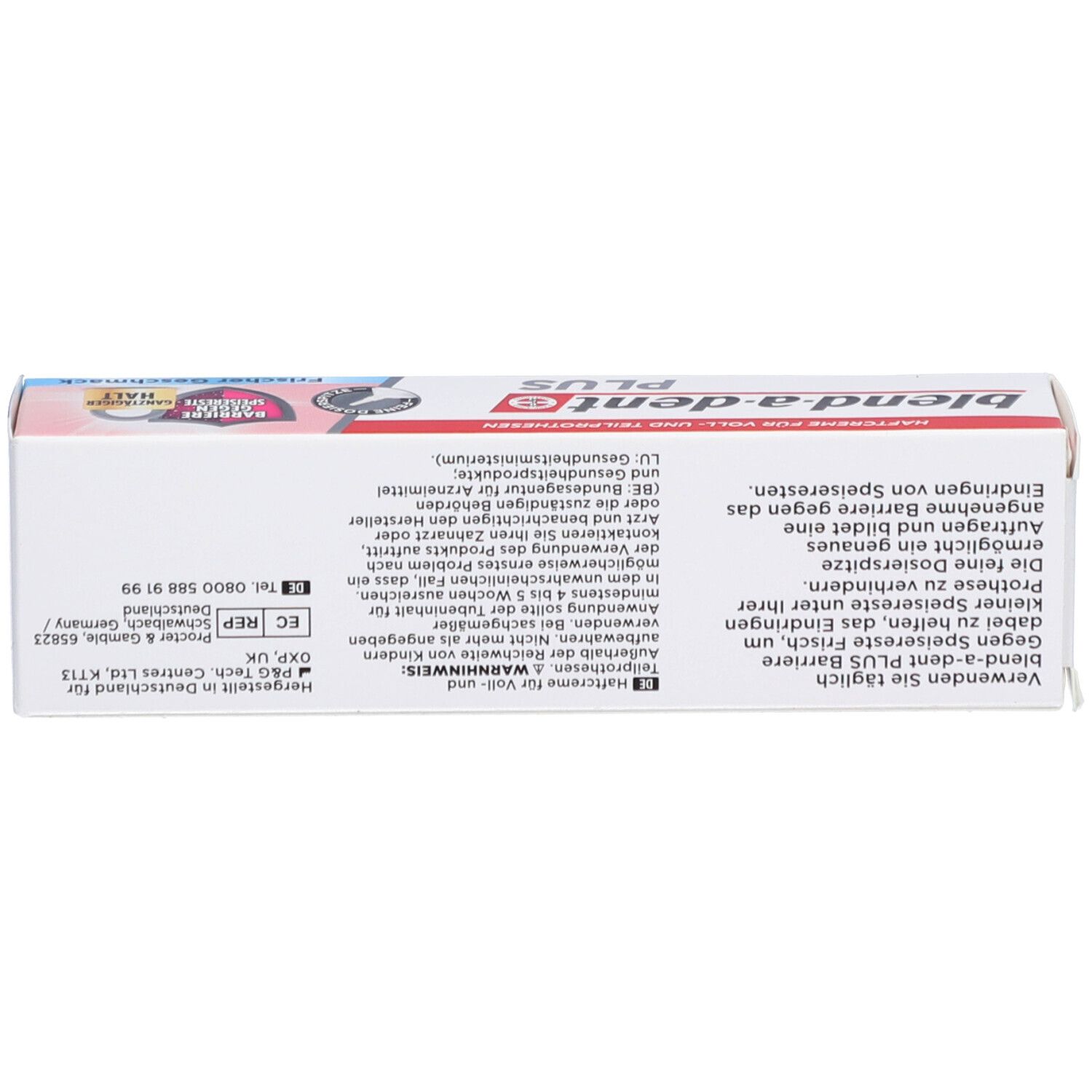 Schachtel blend-a-dent PLUS Haftcreme. Oberseite. Weiß, rot und blau. Text: Haftcreme für Voll- und Teilprothesen. Logo und Produktnamen.