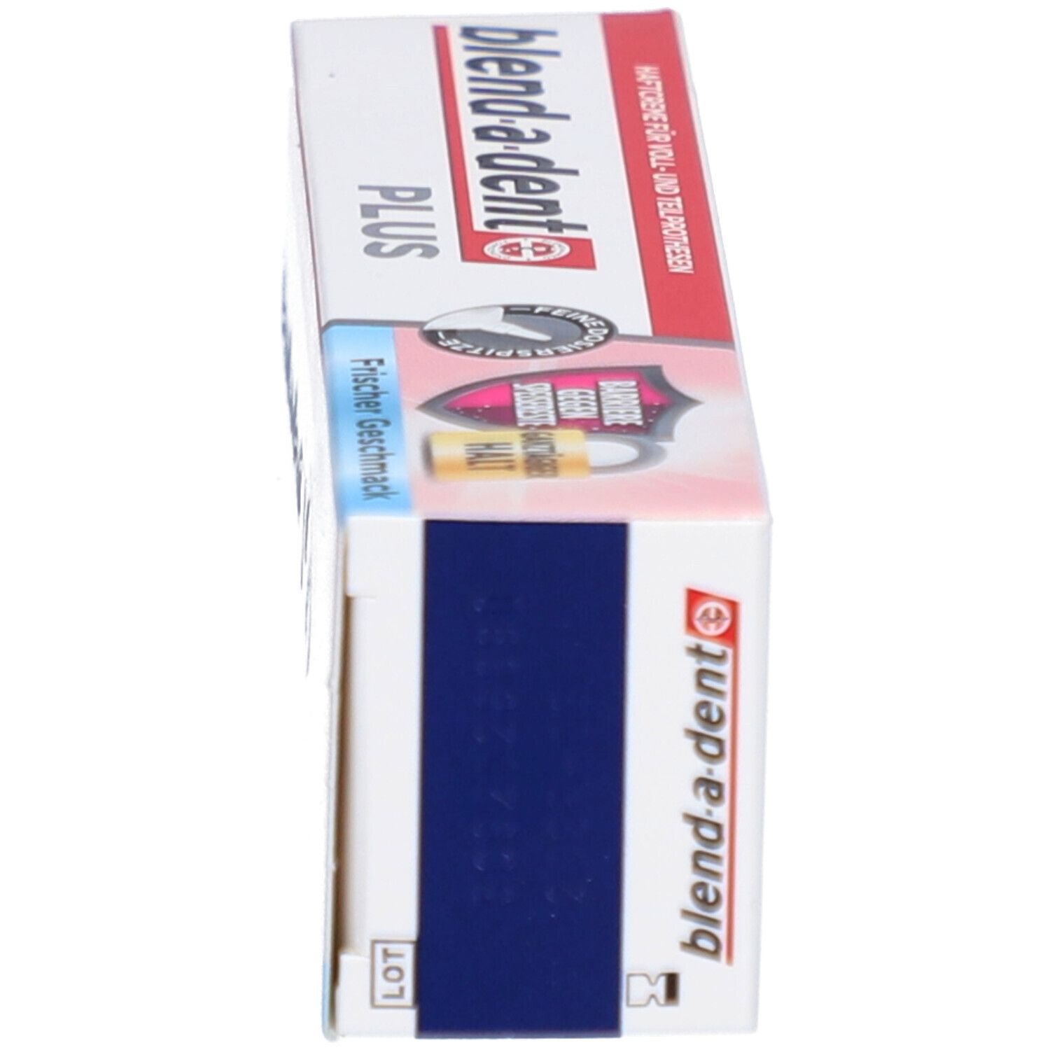 Schachtel blend-a-dent PLUS Haftcreme. Seitenansicht. Weiß, rot und blau. Text: Haftcreme für Voll- und Teilprothesen. Logo und Produktnamen.