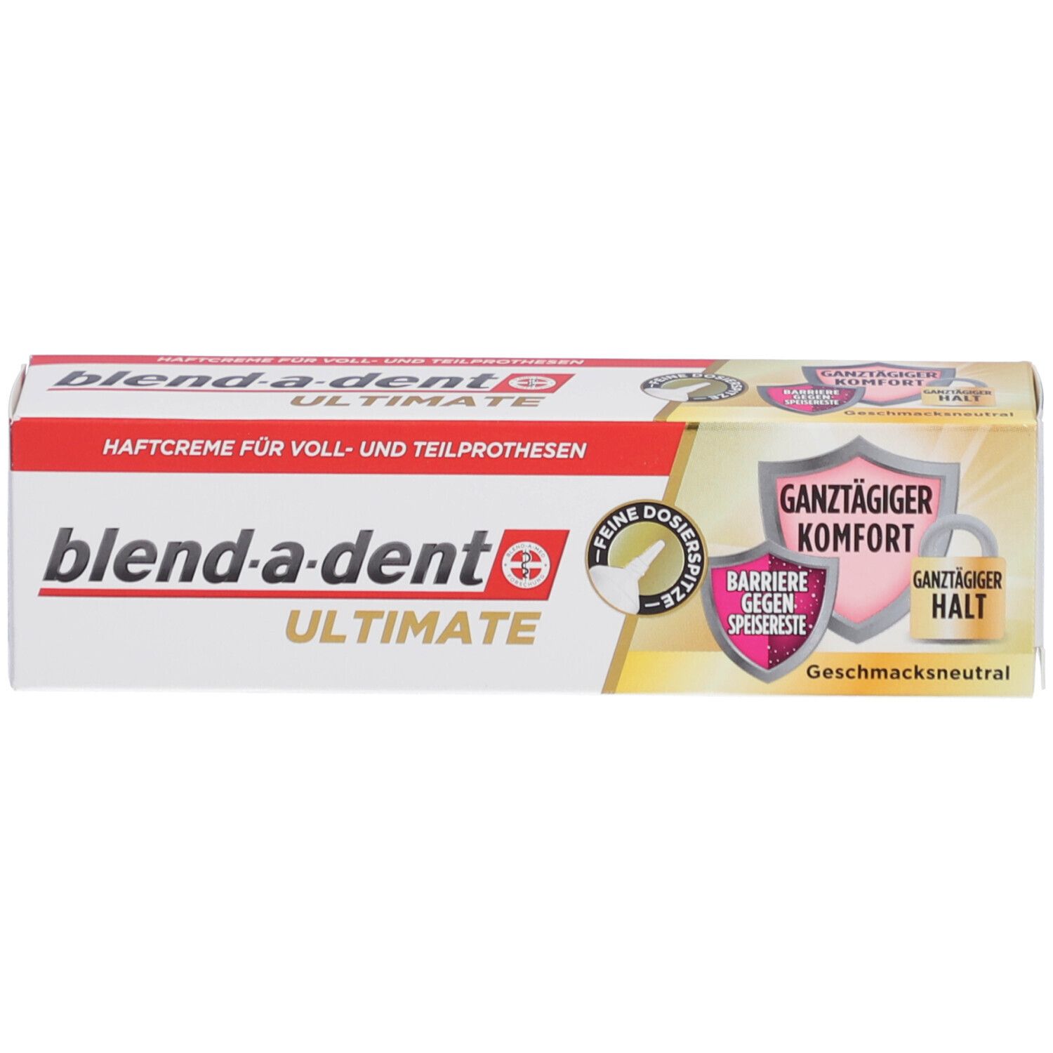 Zahncreme-Tube in weißer Verpackung. Aufschrift: blend-a-dent ULTIMATE. Mit Logos und Text in Deutsch. Geschmacksneutral.