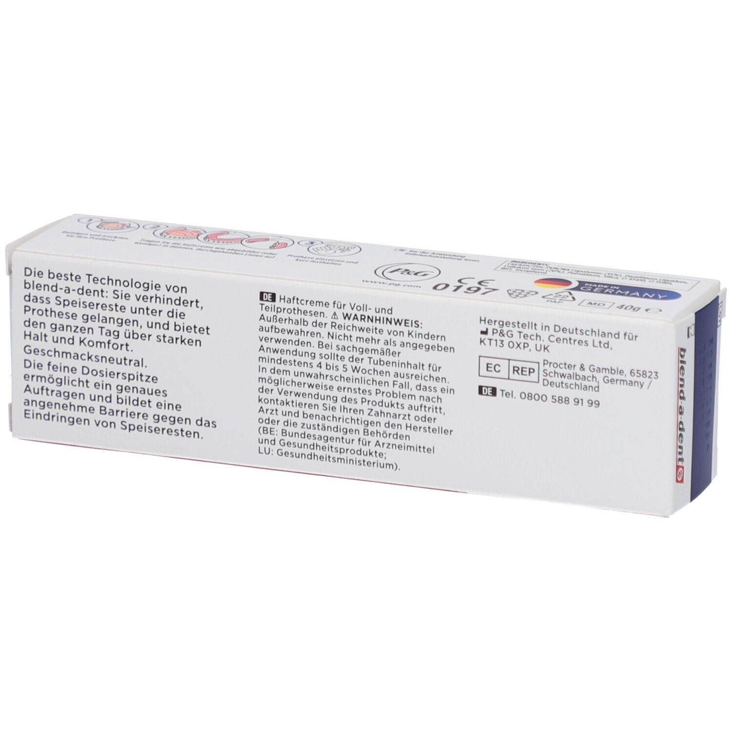 Rückseite der Zahncreme-Verpackung. Text in Deutsch. Enthält Informationen zu Inhaltsstoffen und Hersteller. Mit CE-Kennzeichnung.