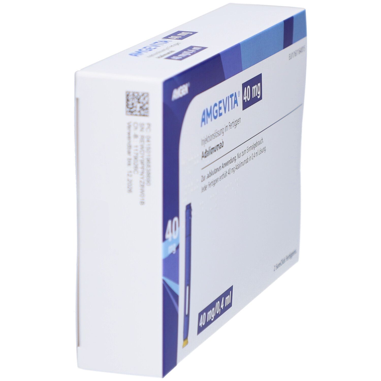 Schachtel AMGEVITA 40 mg, Seitenansicht. Text: Injektionslösung im Fertigpen, Adalimumab, 40 mg/0,4 ml. QR-Code und Herstellerinformationen.