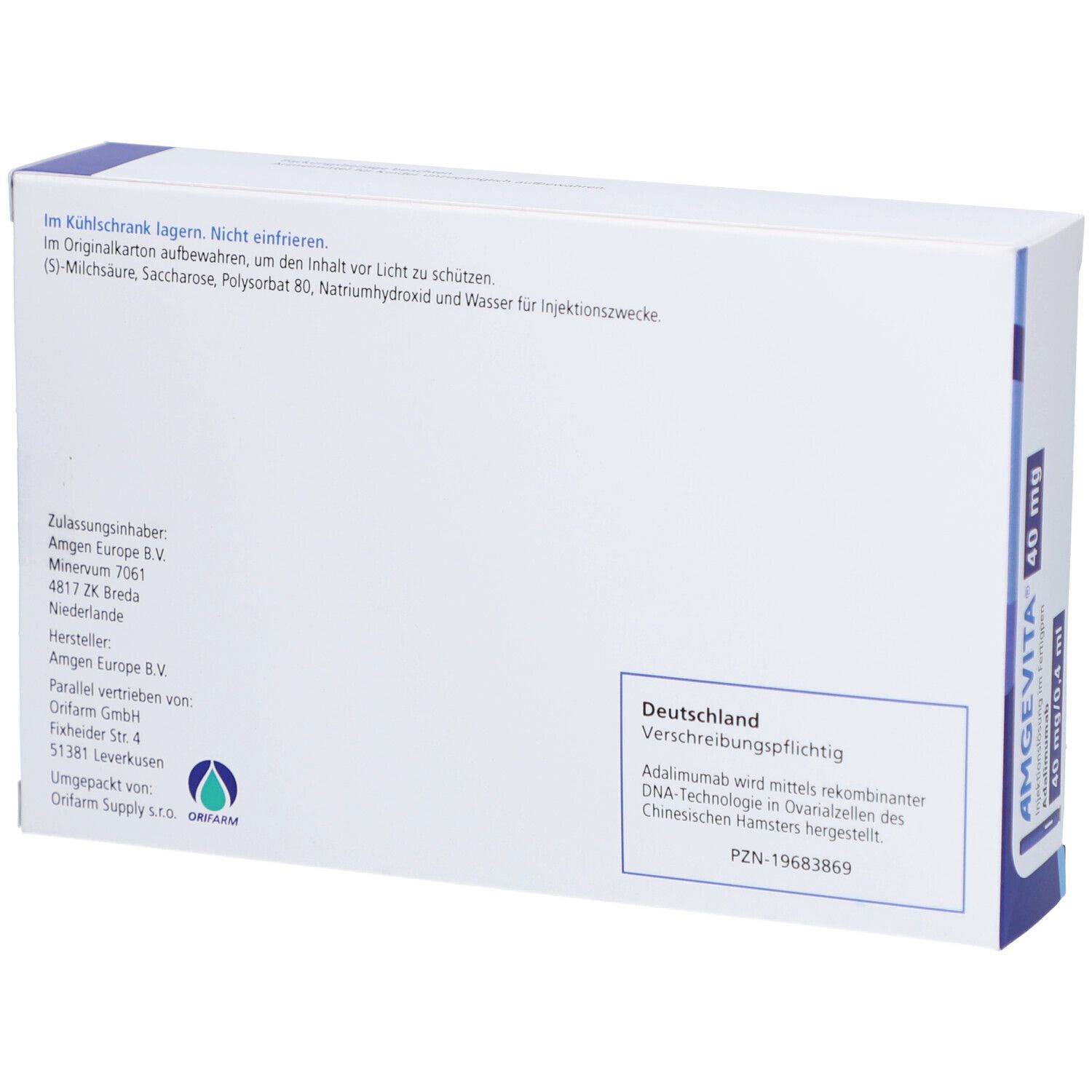 Rückseite der AMGEVITA 40 mg Schachtel. Text: Inhaltsstoffe, Herstellerinformationen, Deutschland. PZN-19683869. Verschreibungspflichtig.