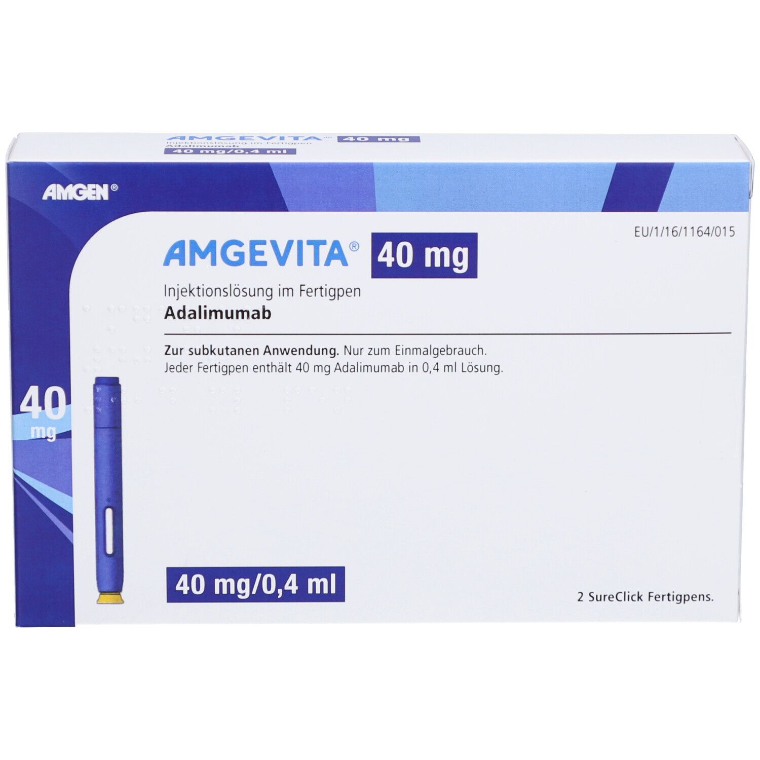 Blau-weiße Schachtel mit AMGEVITA 40 mg. Fertigpen-Abbildung. Text: Injektionslösung, Adalimumab, 40 mg/0,4 ml. Zwei Fertigpens.