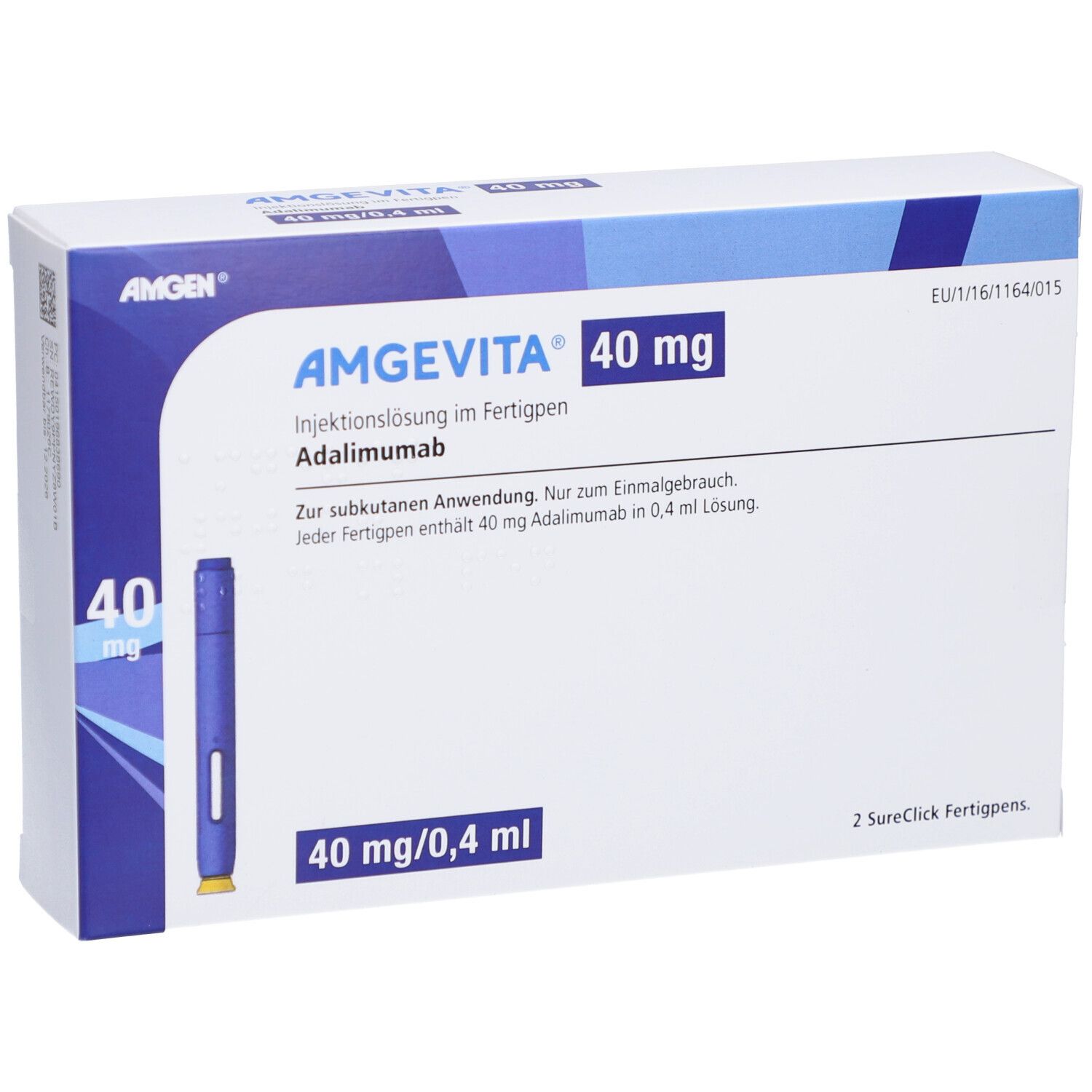 Blau-weiße Schachtel mit AMGEVITA 40 mg. Fertigpen-Abbildung. Text: Injektionslösung, Adalimumab, 40 mg/0,4 ml. Zwei Fertigpens.