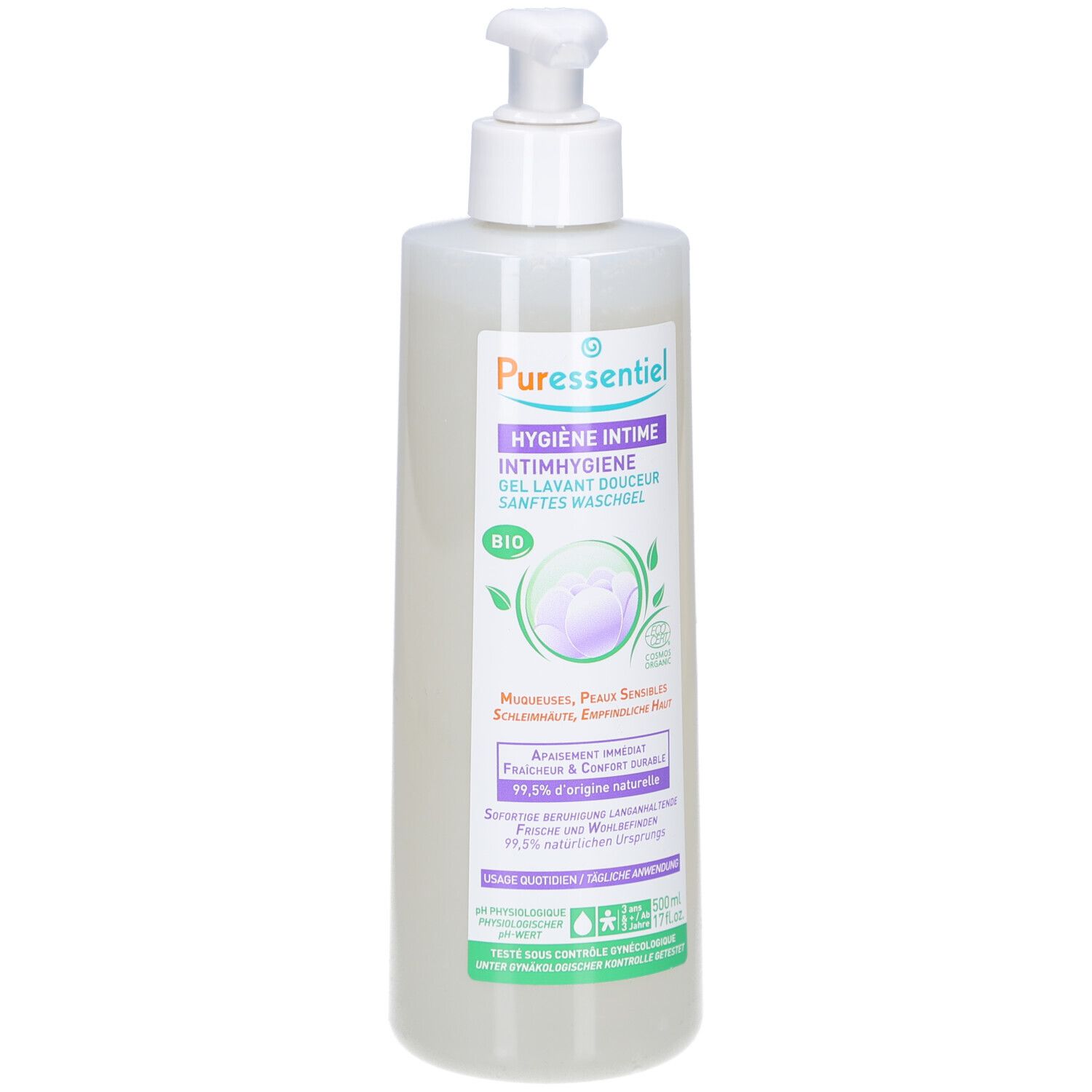 Flasche mit Pumpe. Aufschrift: PURESSENTIEL, Intimhygiene Gel. Bio-Zertifizierung. Produktabbildung mit floralem Motiv.
