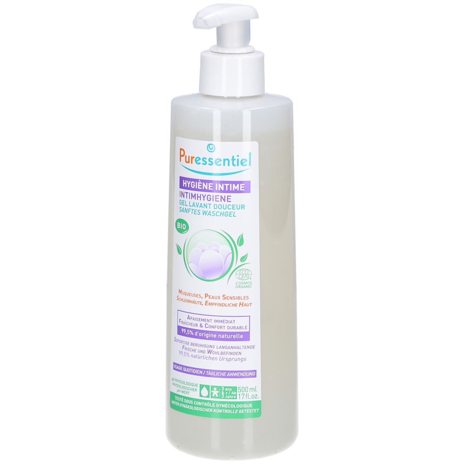 Flasche mit Pumpe. Aufschrift: PURESSENTIEL, Intimhygiene Gel. Bio-Zertifizierung. Produktabbildung mit floralem Motiv.