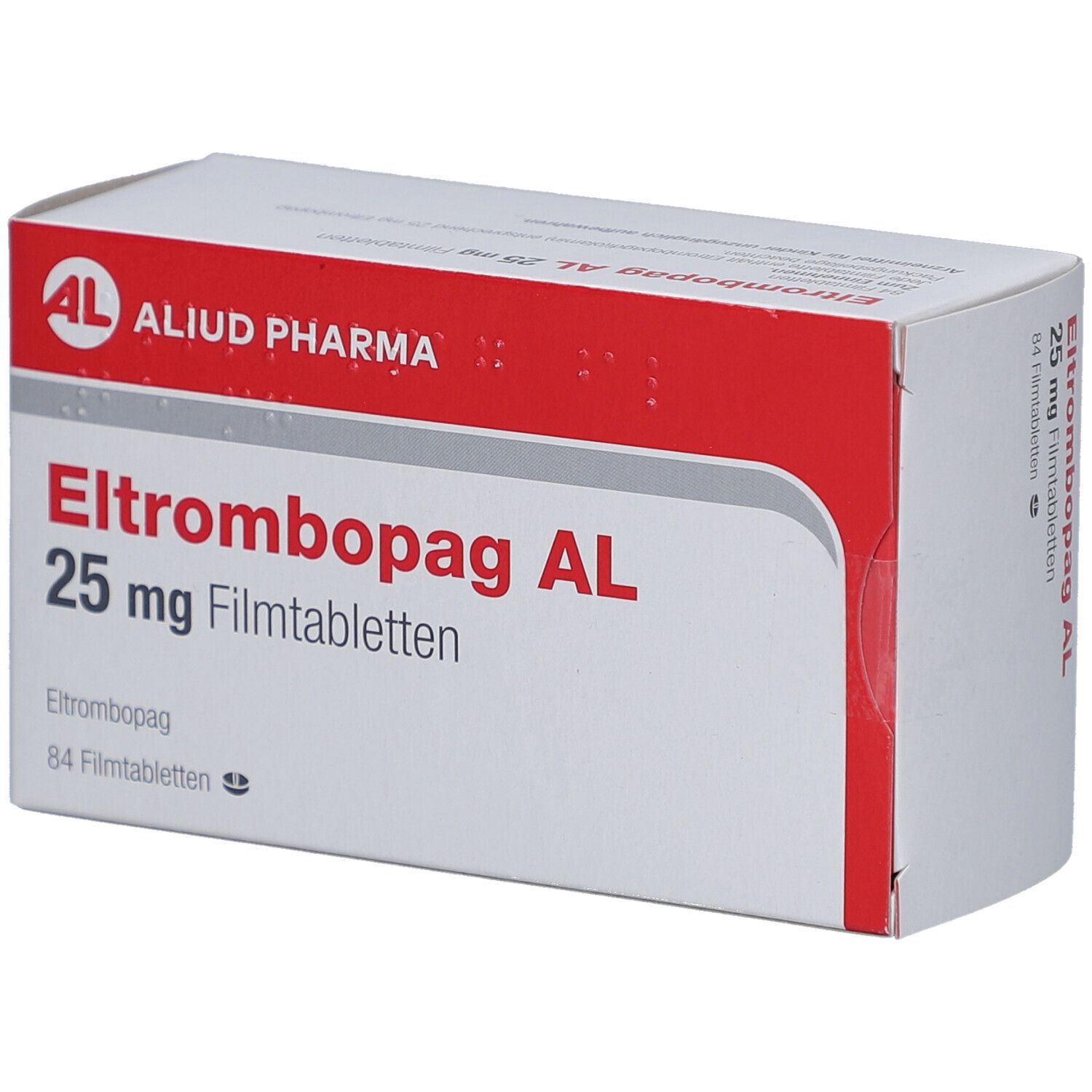 Schachtel mit rotem und weißem Design. Aufschrift: Eltrombopag AL 25 mg Filmtabletten. Marke: ALIUD PHARMA.