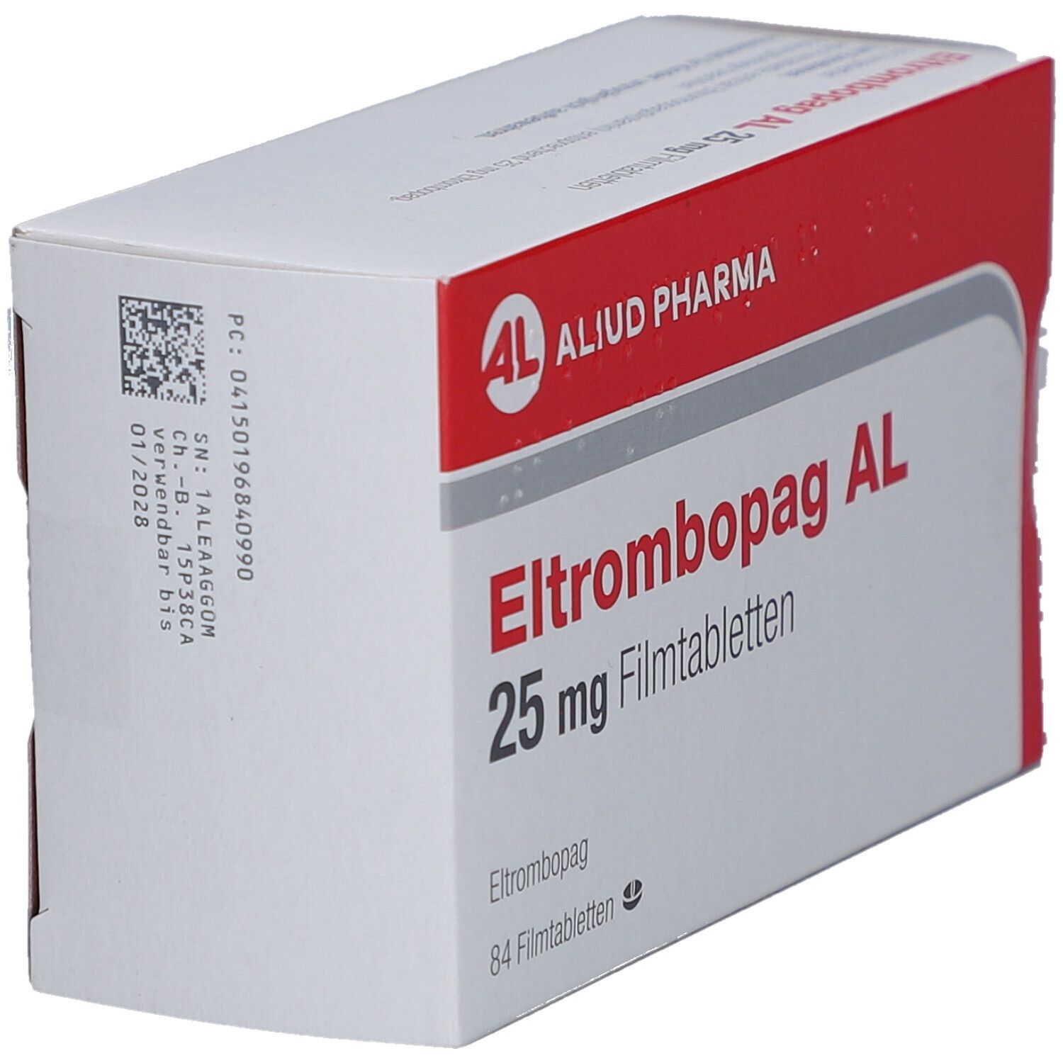 Schachtel, weiß und rot. Aufschrift: Eltrombopag AL 25 mg Filmtabletten. Marke: ALIUD PHARMA. Mit Barcode.
