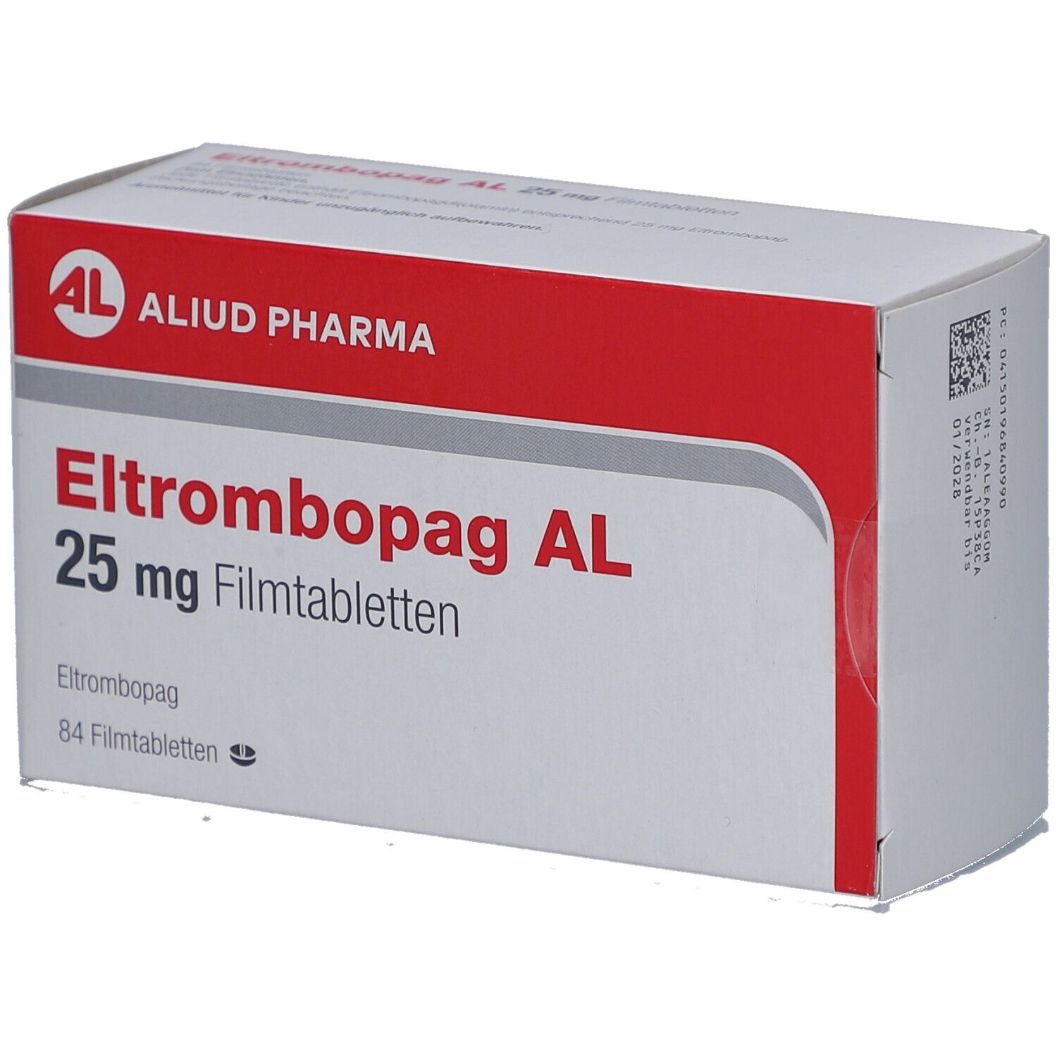 Weiße und rote Schachtel. Aufschrift: Eltrombopag AL 25 mg Filmtabletten. Marke: ALIUD PHARMA.