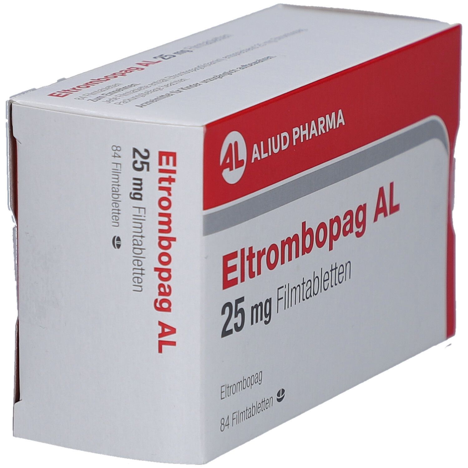 Schachtel, weiß und rot. Aufschrift: Eltrombopag AL 25 mg Filmtabletten. Marke: ALIUD PHARMA.